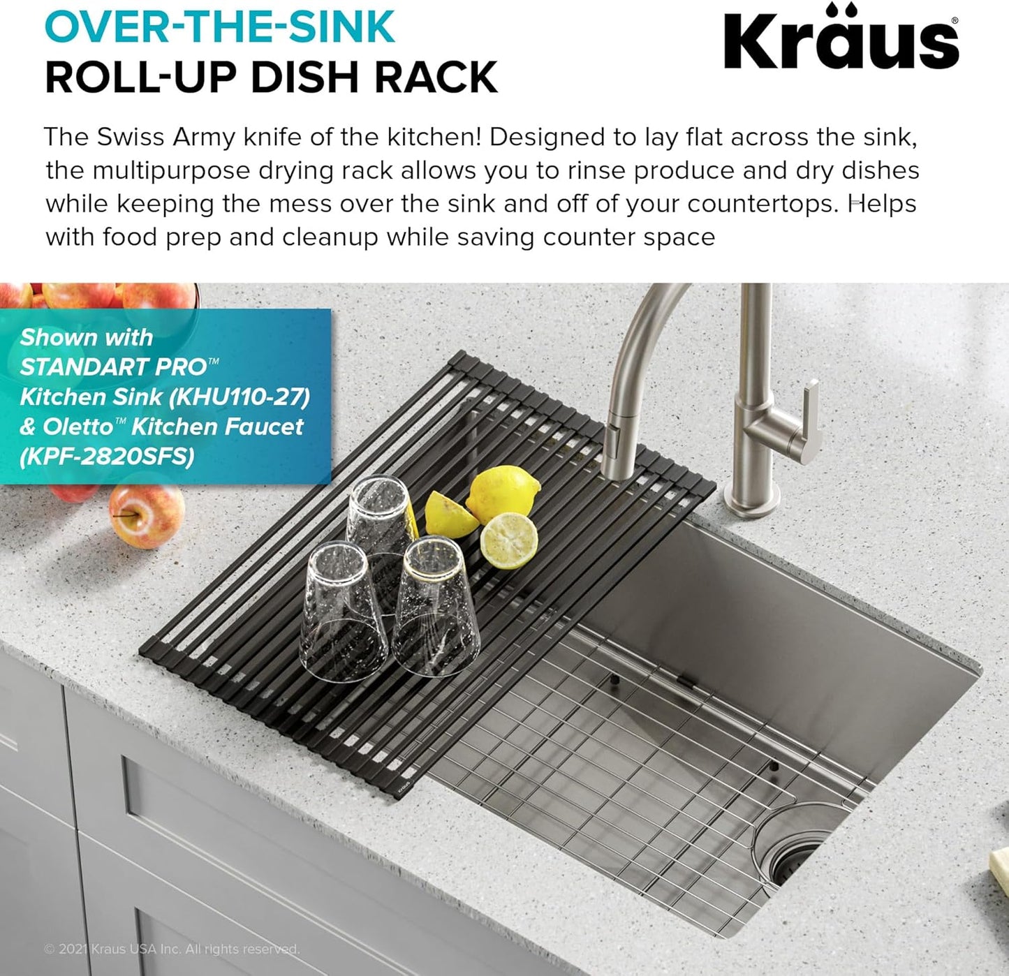 Kraus 20.5 in. Over Sink Roll Up Dish Drying Rack in Jet Black