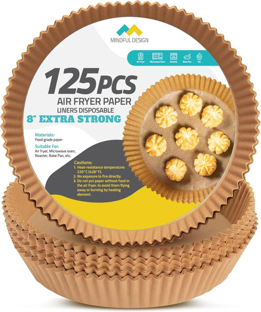 Mindful Design Air Fryer Paper Liners,125Pcs Parchment Paper, Air Fryer Disposable Liner for Microwave, Non-Stick Round Free of Bleach (8IN)