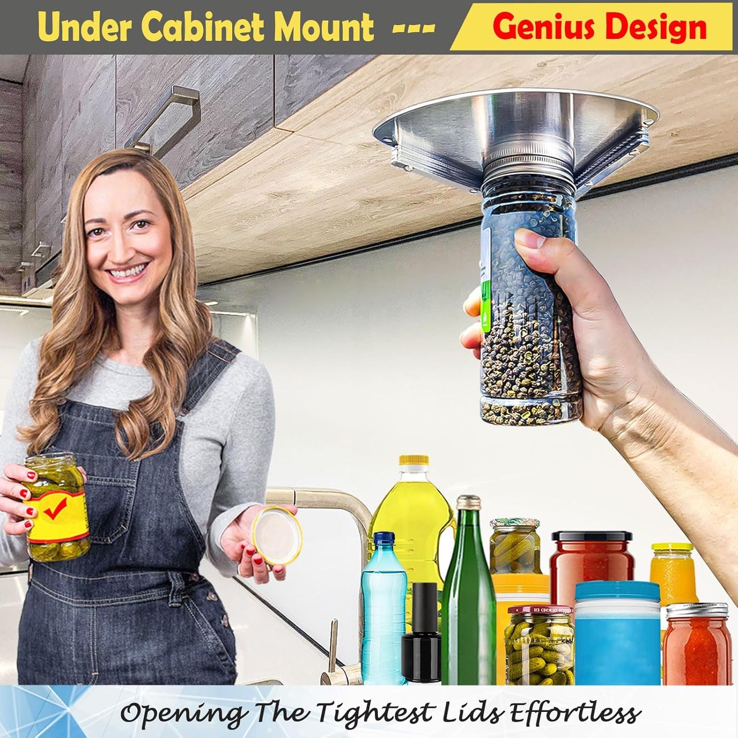 Upgraded Stainless Steel Jar Opener for Seniors, Under Cabinet Jar Openers for Weak Hands, Jar Lid & Bottle Cap Opener Tool, Under Counter Can Opener, One Handed Jar opener