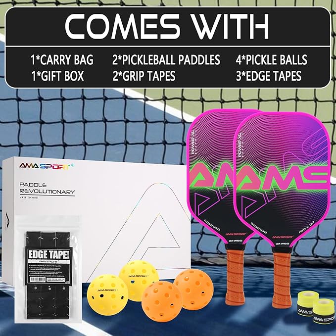 AMA SPORT Pickleball Paddles Set of 2 USAPA 1Portable Carry 2 Pickleball 3 Edge 4 Pickleballs, 2 Grip