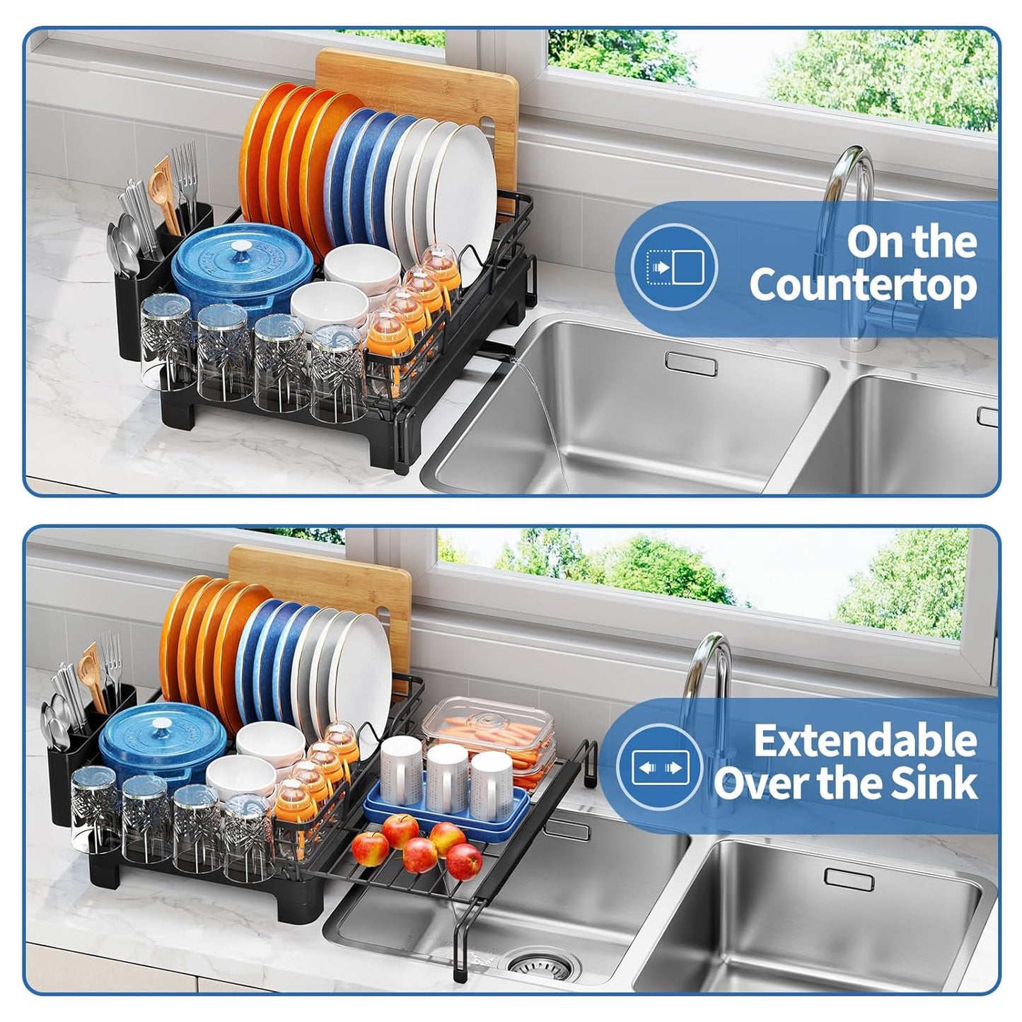 TOOLF Extendable Dish Drying Rack, 2 in 1 Multifunction Dish Rack for Kitchen Counter, Expandable Dish Drainer Over Sink, Large Plate Strainer with Drainboard & Cups Holder, Black