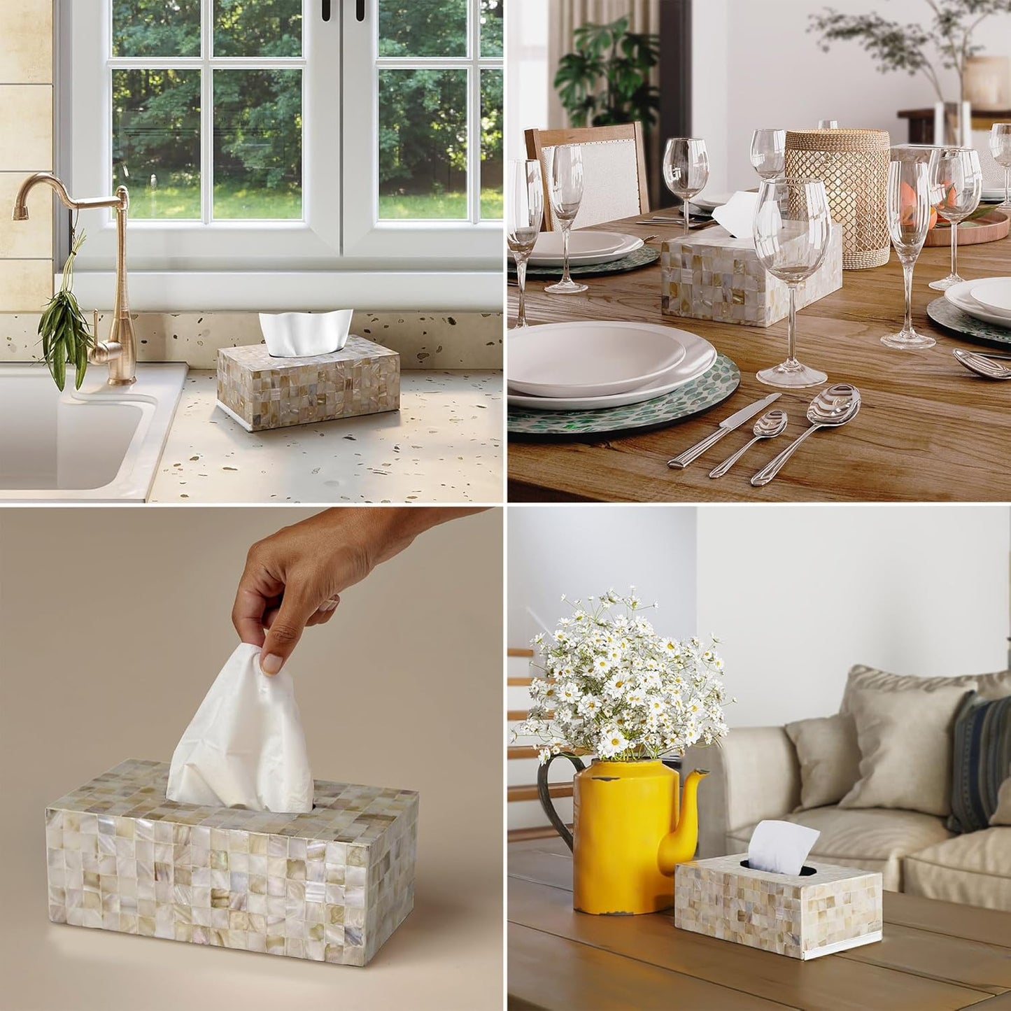 PEMAR Rectangular Mother of Pearl Lacquer Nacre Inlay Wood Tissue Box, Handmade Rectangle Tissue Box Cover Holder Decorative Napkin Dispenser Organizer Rustic Farmhouse Vintage Decor (White Sand)