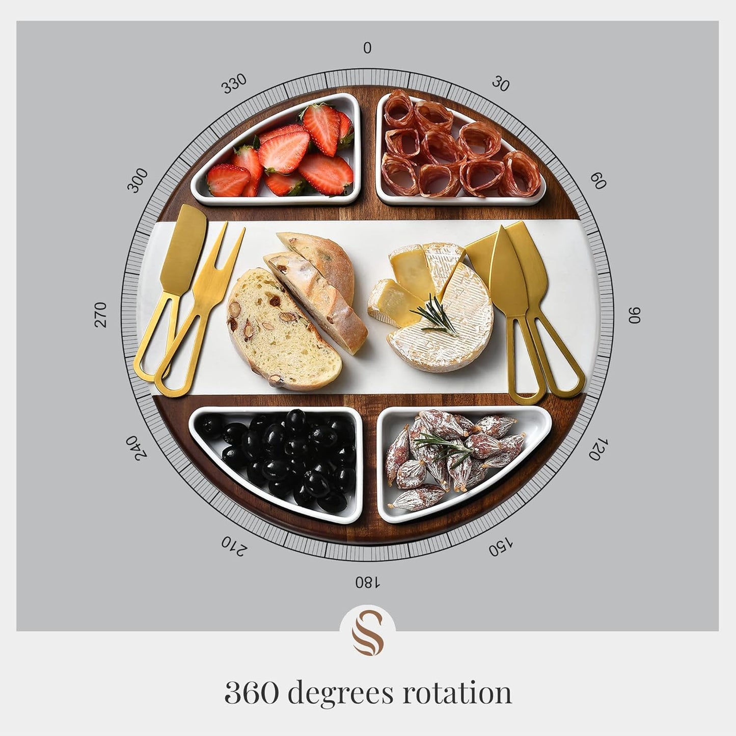 Shanik Upgraded Lazy Susan Cheese Cutting Board Set - Round Acacia Charcuterie Board With 4 Ceramic Bowls - Wedding Gifts - Cheese Serving Platter - Bridal Shower