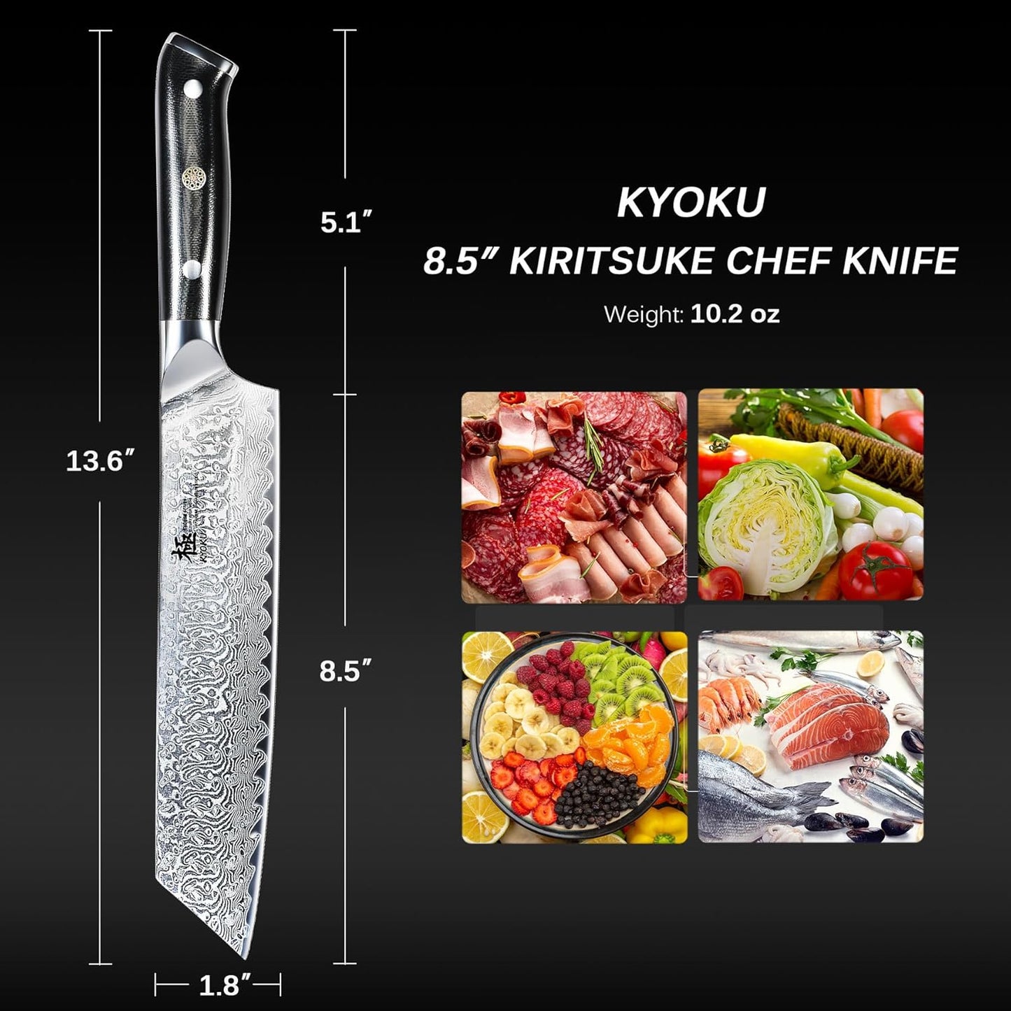 KYOKU Kiritsuke Chef Knife 8.5" - Shogun Series - Japanese VG10 Steel Core Forged Damascus Blade - with Sheath & Case