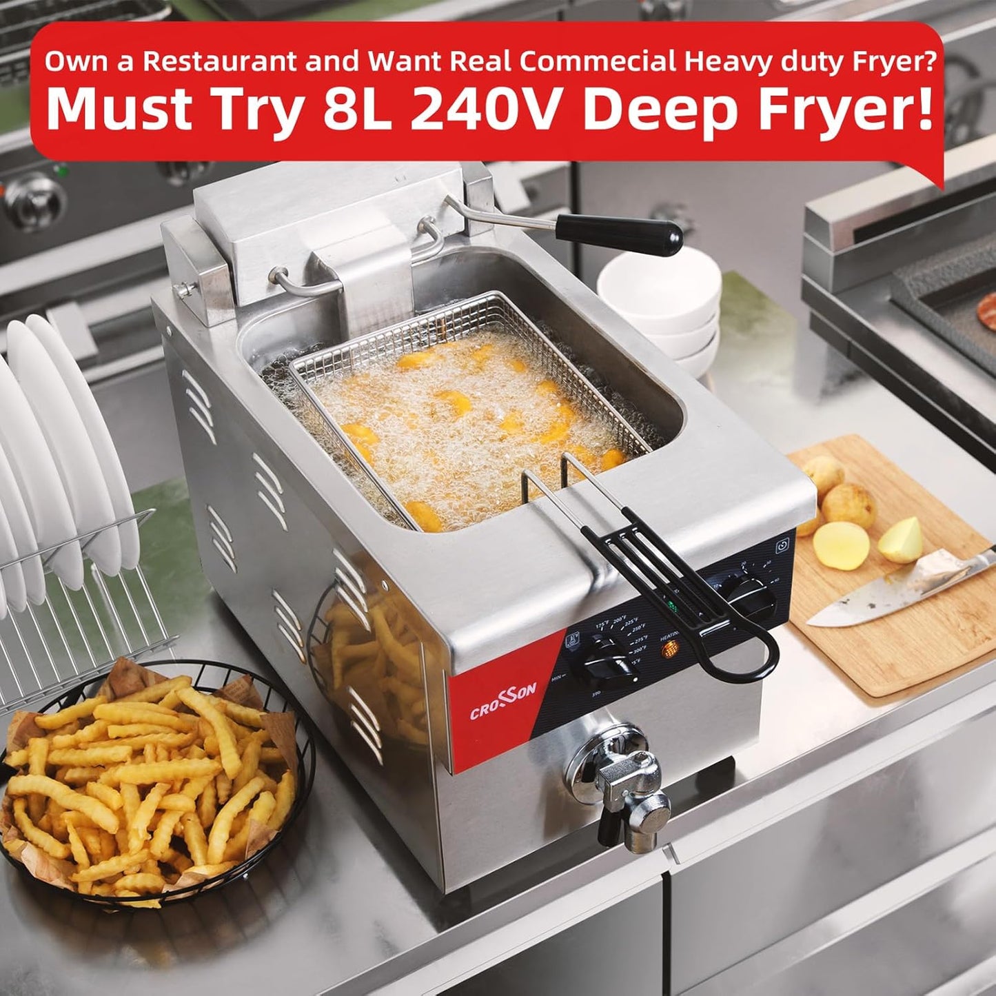 CROSSON 8L Countertop Electric Deep Fryer with Draining Valve,Solid Basket and Lid for Restaurant Use 120V,1800W Stainless Steel Commercial Deep Fryer