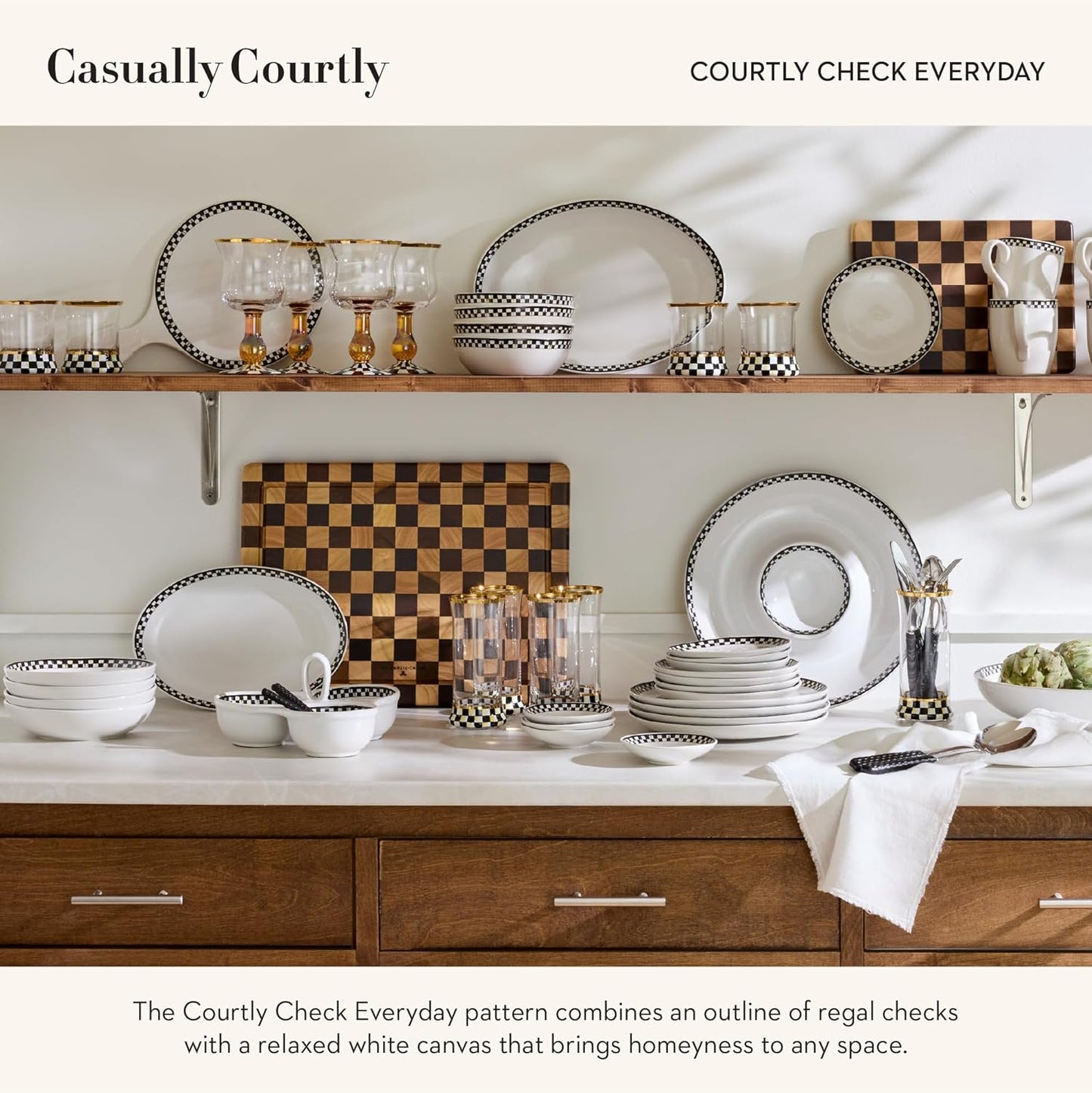 MACKENZIE-CHILDS Set of 4 Everyday Pasta Bowls, Microwave-Safe and Dishwasher-Safe Stoneware Bowls, Black-and-White Courtly Check