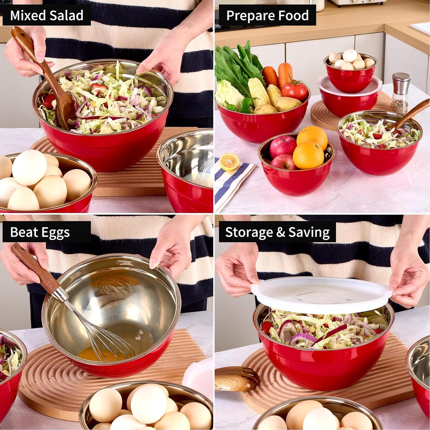 Red Mixing Bowls with Lids Set of 7, Stainless Steel Nesting Bowl with Khaki Lid for Non-slip Mixing Prepping Storing Serving, 7 Sizes-7/3.6/2.7/2.1/1.5/1/0.8 QT