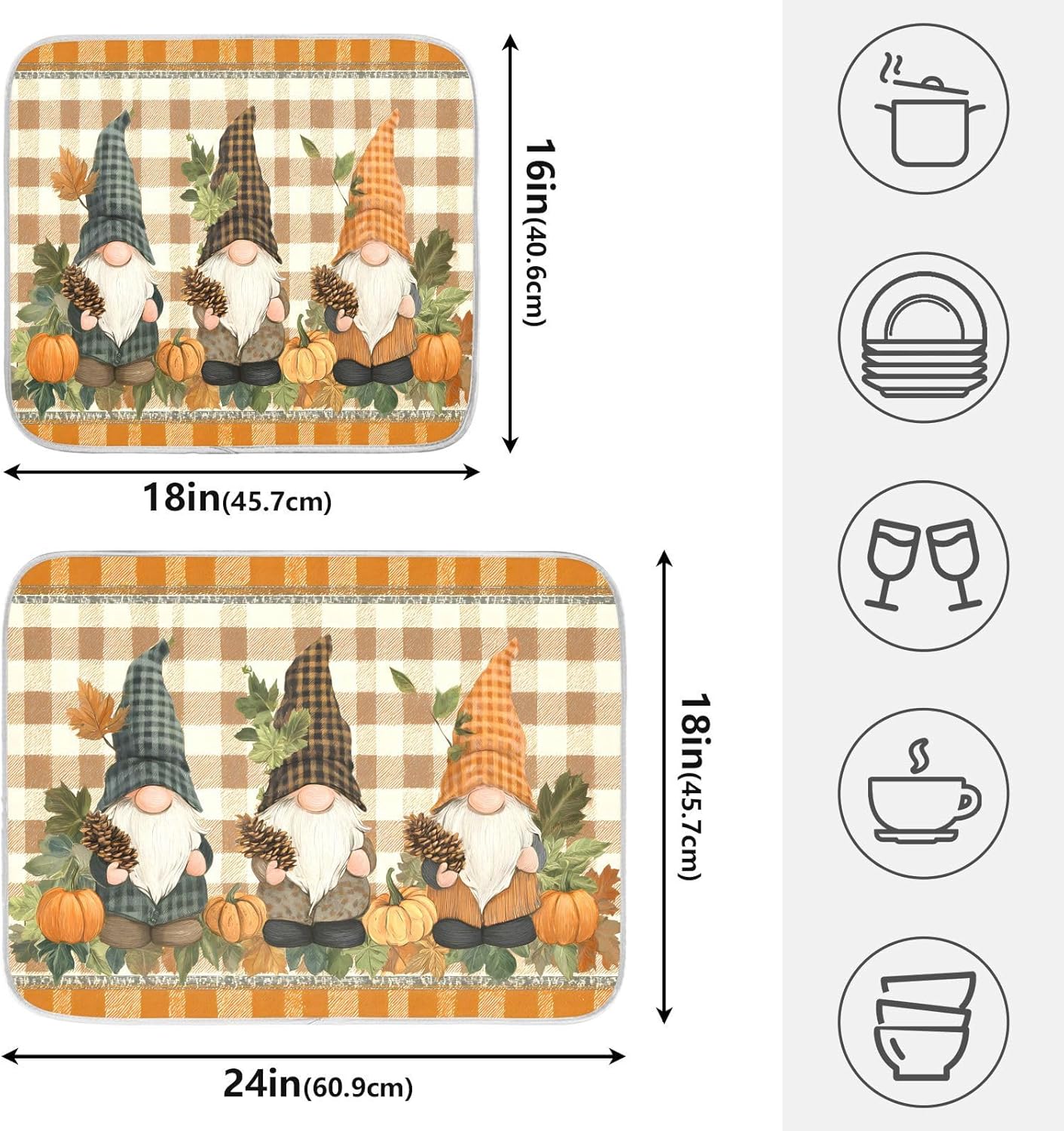 Fall Pumpkin Gnomes Maple Leaves Autumn2 Dish Drying Mat for Kitchen Counter Absorbent Microfiber Small Drying Pad Dish mats for Kitchen Countertops 16 x 18 Inch