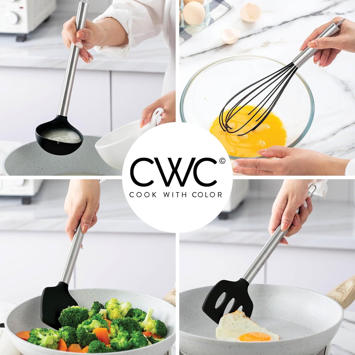 COOK WITH COLOR Silicone Cooking Utensils, Kitchen Utensil Set, Easy to Clean Silicone Kitchen Utensils, Cooking Utensils for Nonstick Cookware, Kitchen Gadgets Set, 10 Pieces, Black