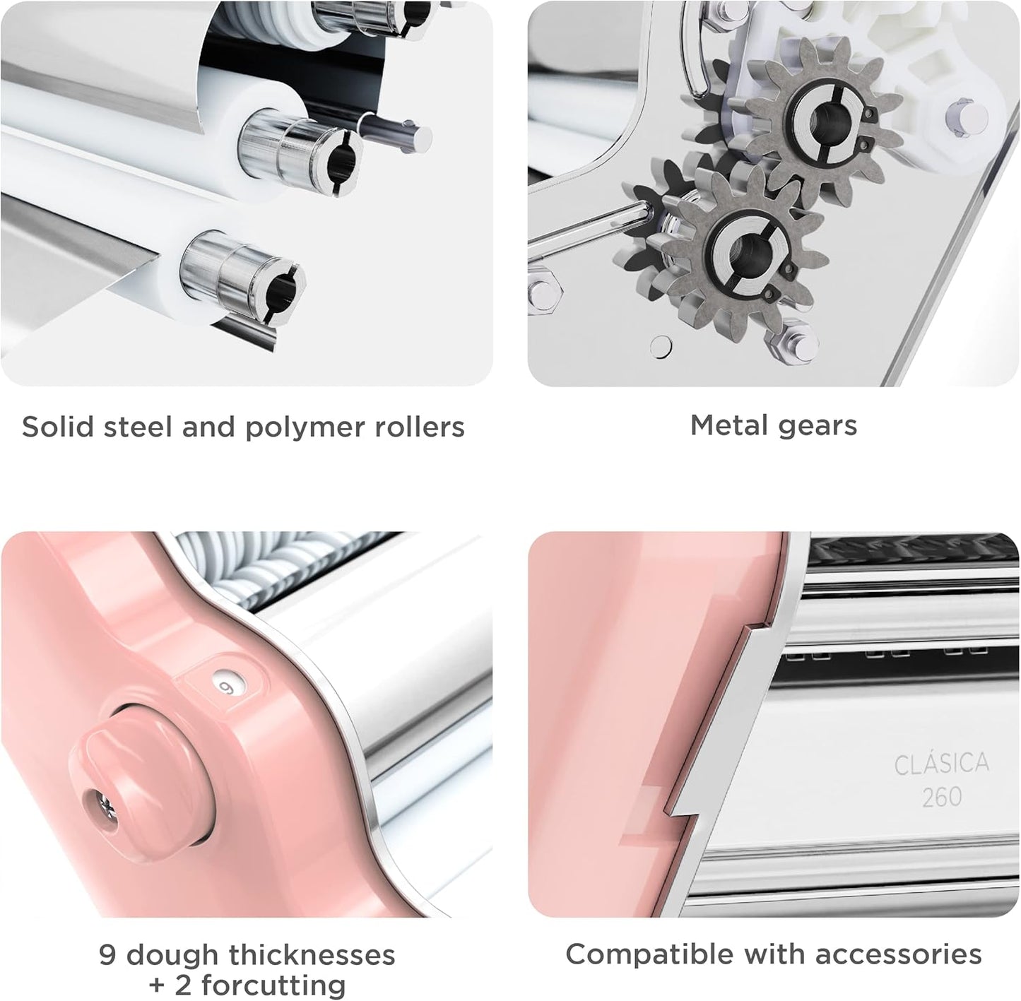 PASTALINDA Classic 260 Pasta Maker Machine, 26 cm Wide Rollers, 9 Thickness Positions, 2 Cutting Positions, Stainless Steel. Includes Reinforced Hand Crank And Two Clamps (Pink)