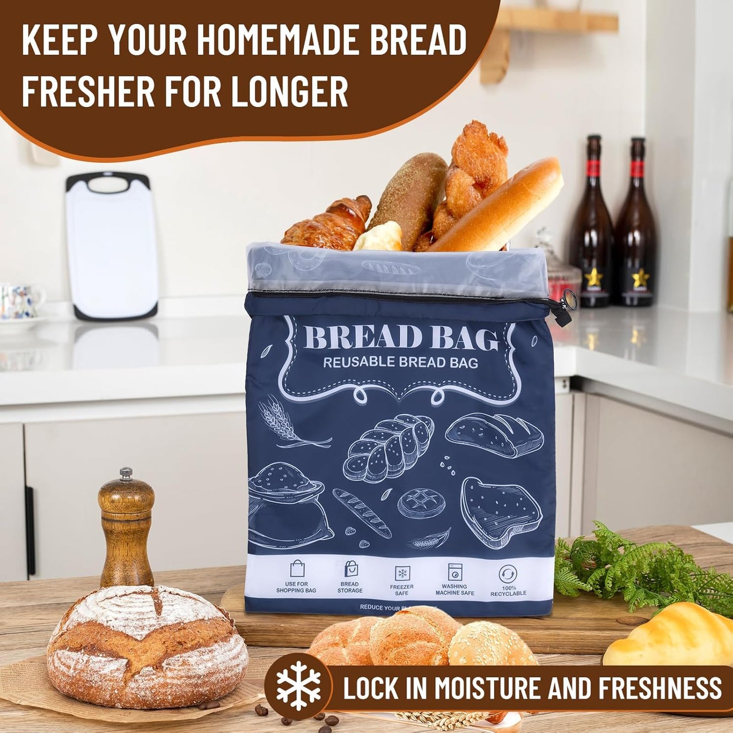 Bread Bags, 2 Packs Bread Bags to Keep Fresh, Reusable Zipper for Homemade Loaf, Freezer Storage Bag, Container, Fresh Keeping Extra Large Food Bag (White)