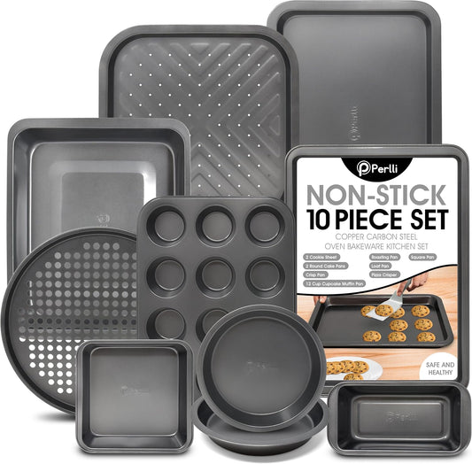 Perlli Baking Pan 10 Piece Set Nonstick Carbon Steel Gray Oven Bakeware Kitchen Set, 2 Cookie Sheets, 2 Round Cake Pans, Square Pan, Roasting Pan, Loaf Pan, Crisp Pan, Pizza Crisper, & Muffin Pan