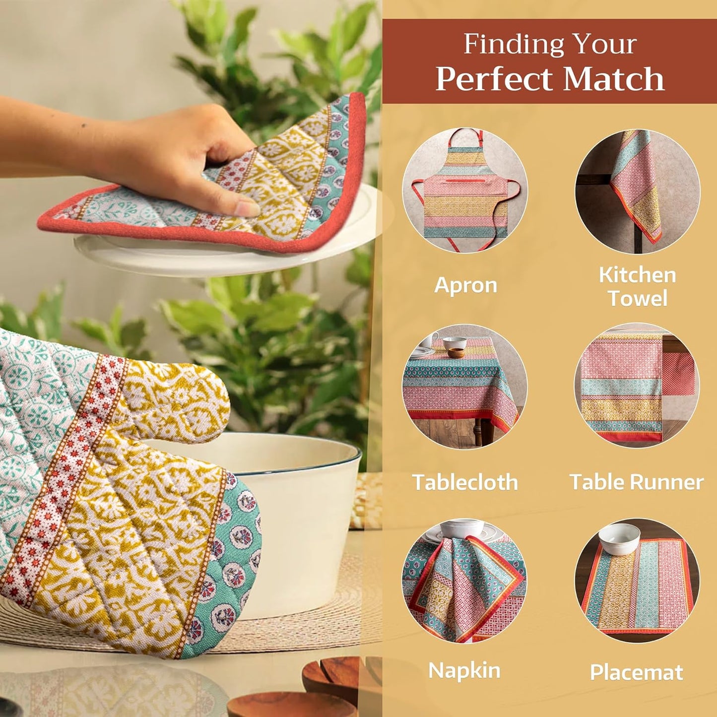 Maison d' Hermine 100% Cotton Oven Mitt & Pot Holder Set (7.5"x13" & 8"x8") Heat Resistant BBQ Cooking Gloves with Loop, Baking, Grilling, Kitchen, Handling Hot Pans Spring/Summer (Provence)