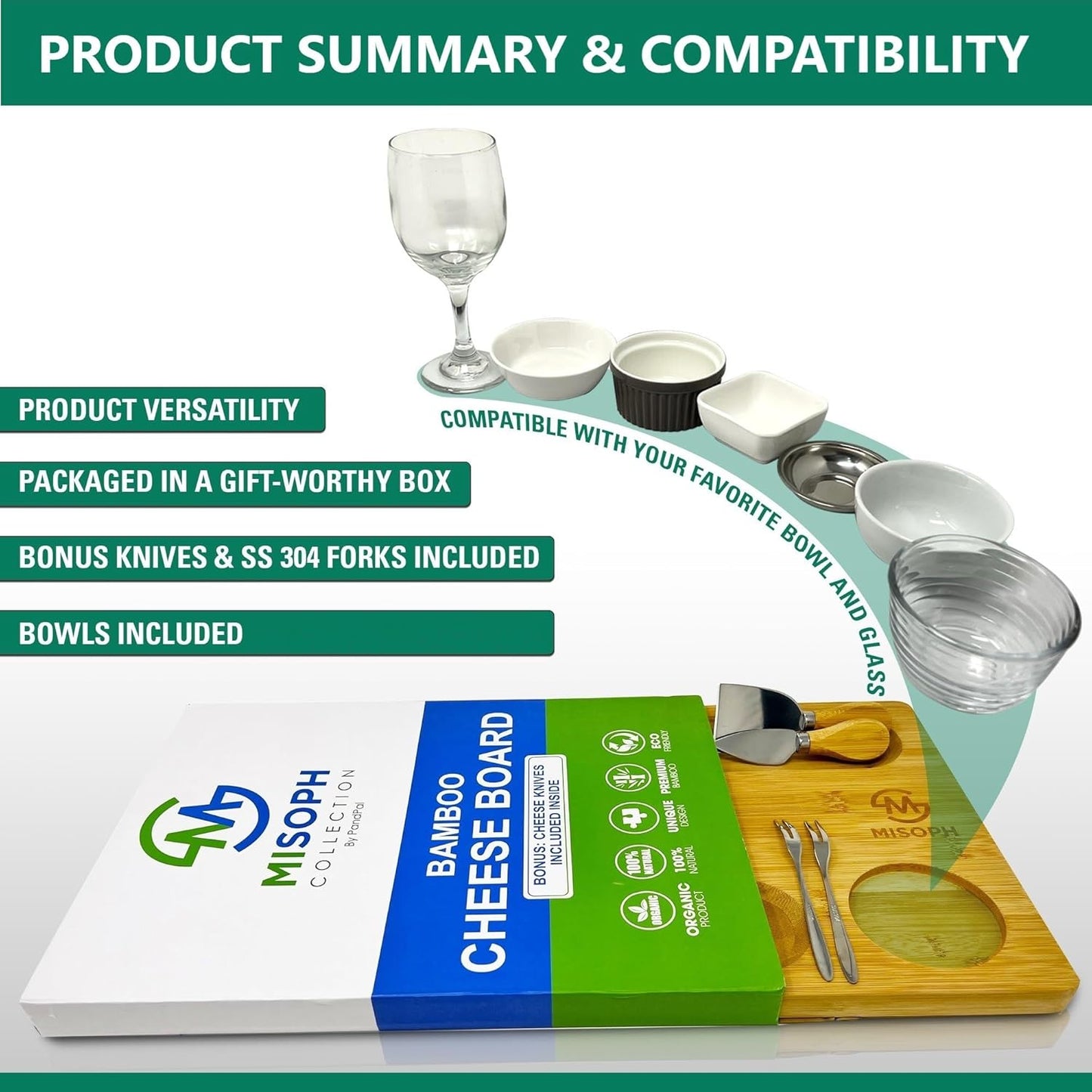 Bamboo Cheese Board with Knife, Bowl, Fork Set, Wood Charcuterie Platter & Food Serving Tray for Wine Glasses, Misoph Collection