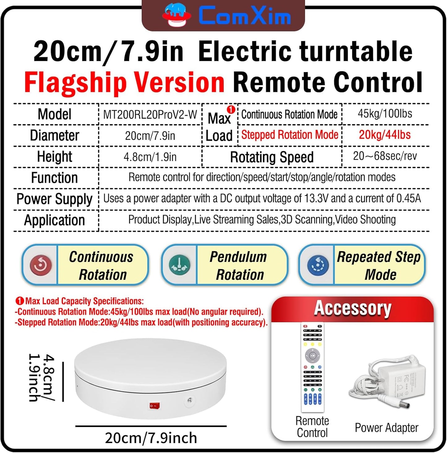 7.9In Remote Motorized Electric Turntable Rotating Display Stand Spinning Rotating Platform 360 Photography Turntable lazy susan base giratoria para for Photography,Display(Load Range:40~100lbs)