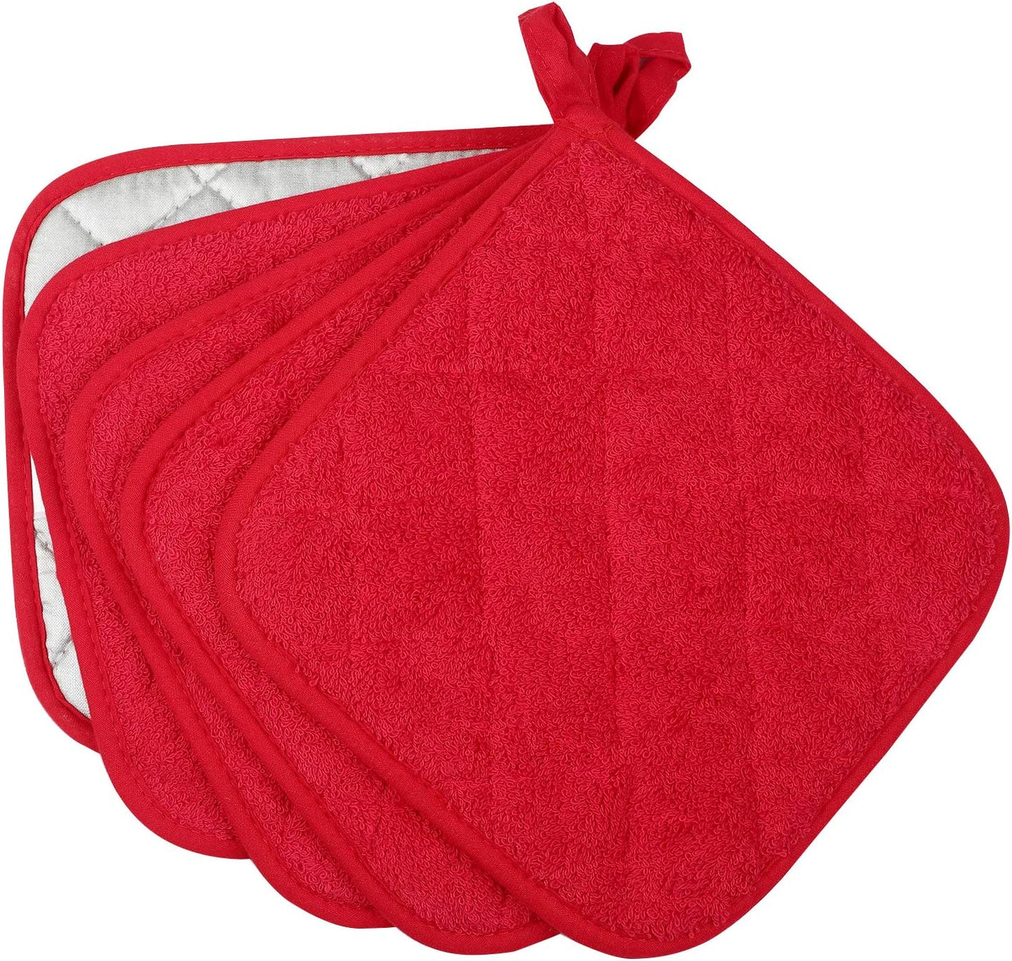 100% Cotton Kitchen Everyday Basic Terry Pot Holder Heat Resistant Coaster Potholder for Cooking and Baking Set of 5 Red