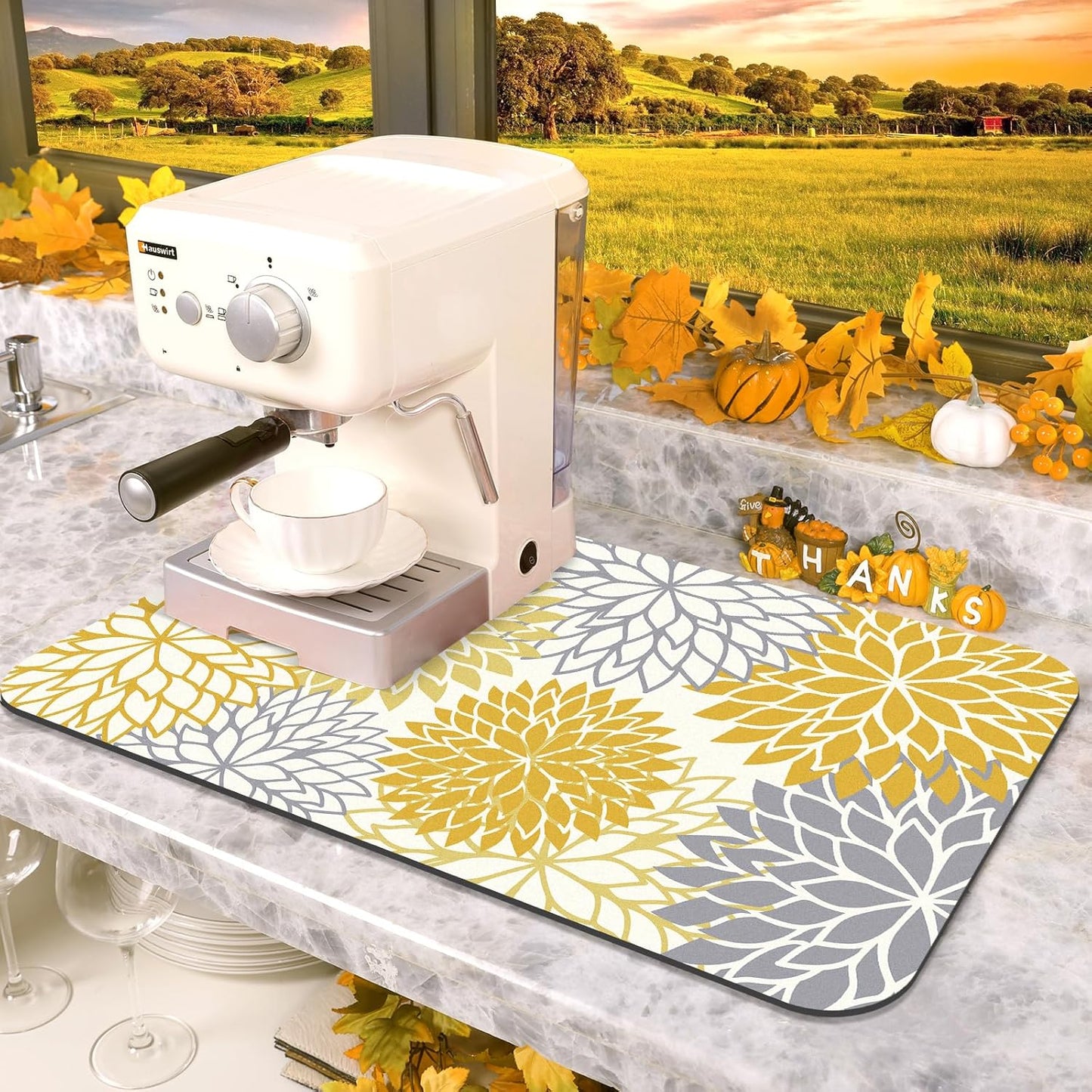 Findosom 2PCS 12" x 20" Dish Drying Mat & 24" x 5.5" Sink Splash Guard, Super Absorbent & Cuttable Dish Mat Drying Kitchen Mat with Yellow Floral, Hide Stain Drying Mat for Kitchen Counter