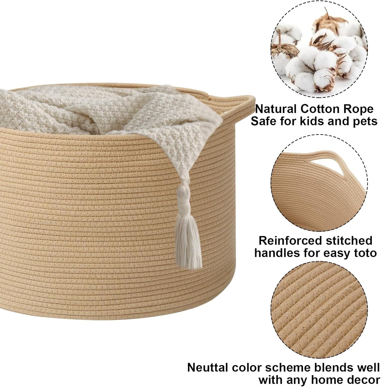 Large Blanket Basket for Organizing,65L Closet Organizers and Storage Bins Box for Shelves Woven Rope Storage Baskets,Living Room,Bedroom,Dorm,Laundry room (Camel)