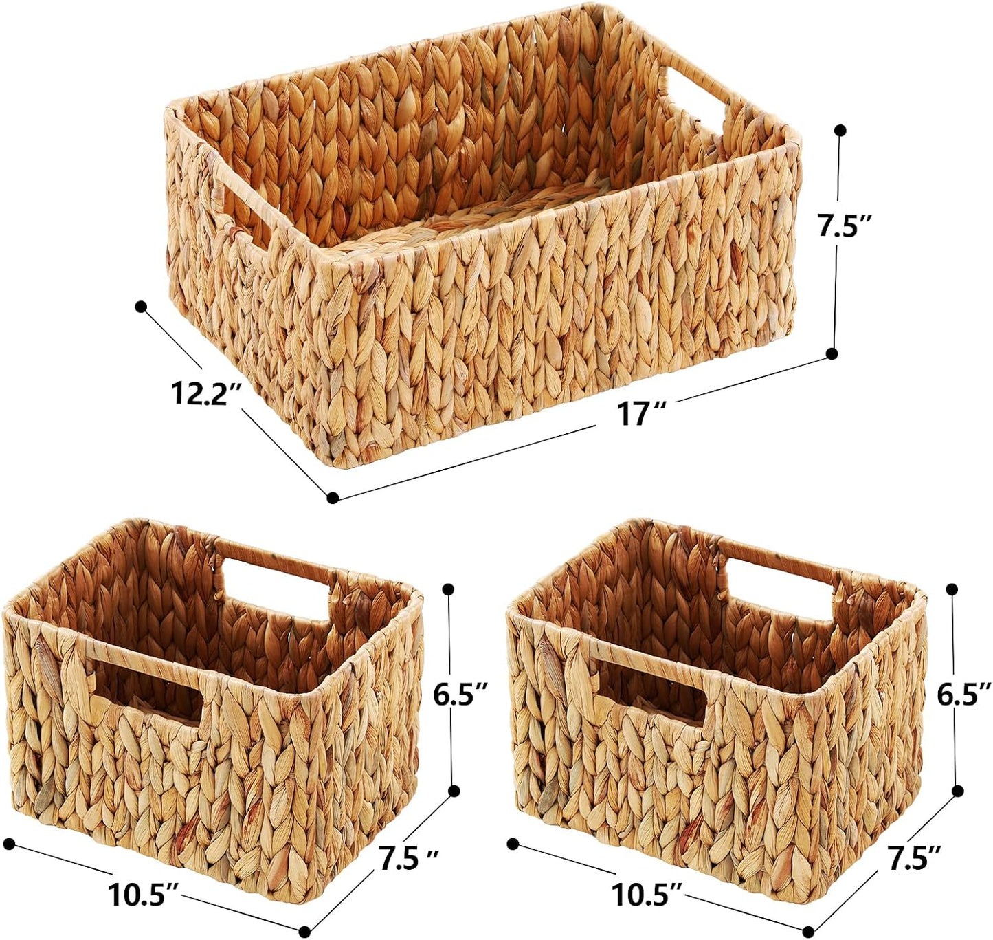 HOONEX Water Hyacinth Storage Baskets, Wicker Baskets for Storage, Hand Woven Baskets with Carry Handles, Set of 3, Natural