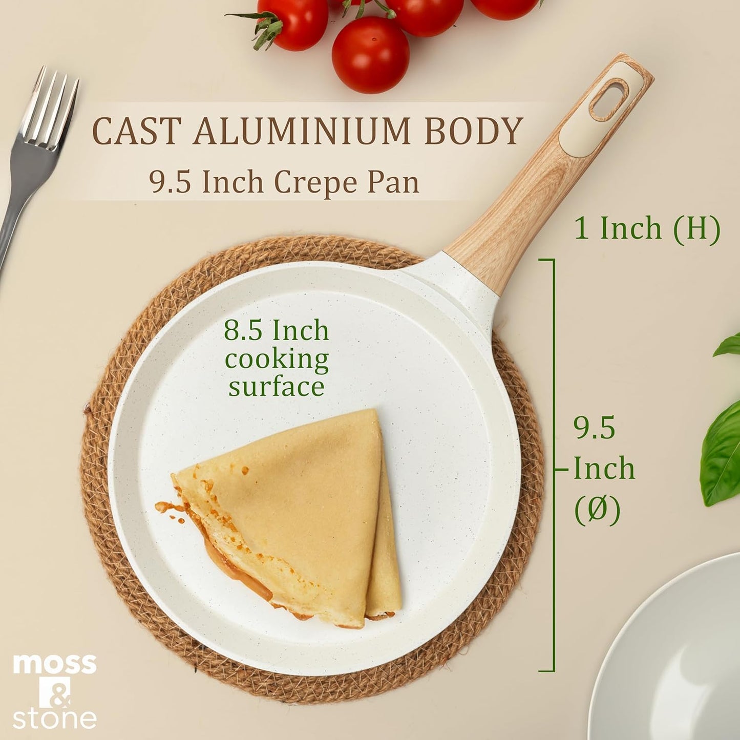 Moss & Stone 9.5 Inch Nonstick Crepe Pan with Spreader, Dosa Pan for Roti Dosa Tawa Comal Para Tortillas, Ceramic Flat Skillet Pan Induction Compatible, Pancake Pan for Stove Top - White