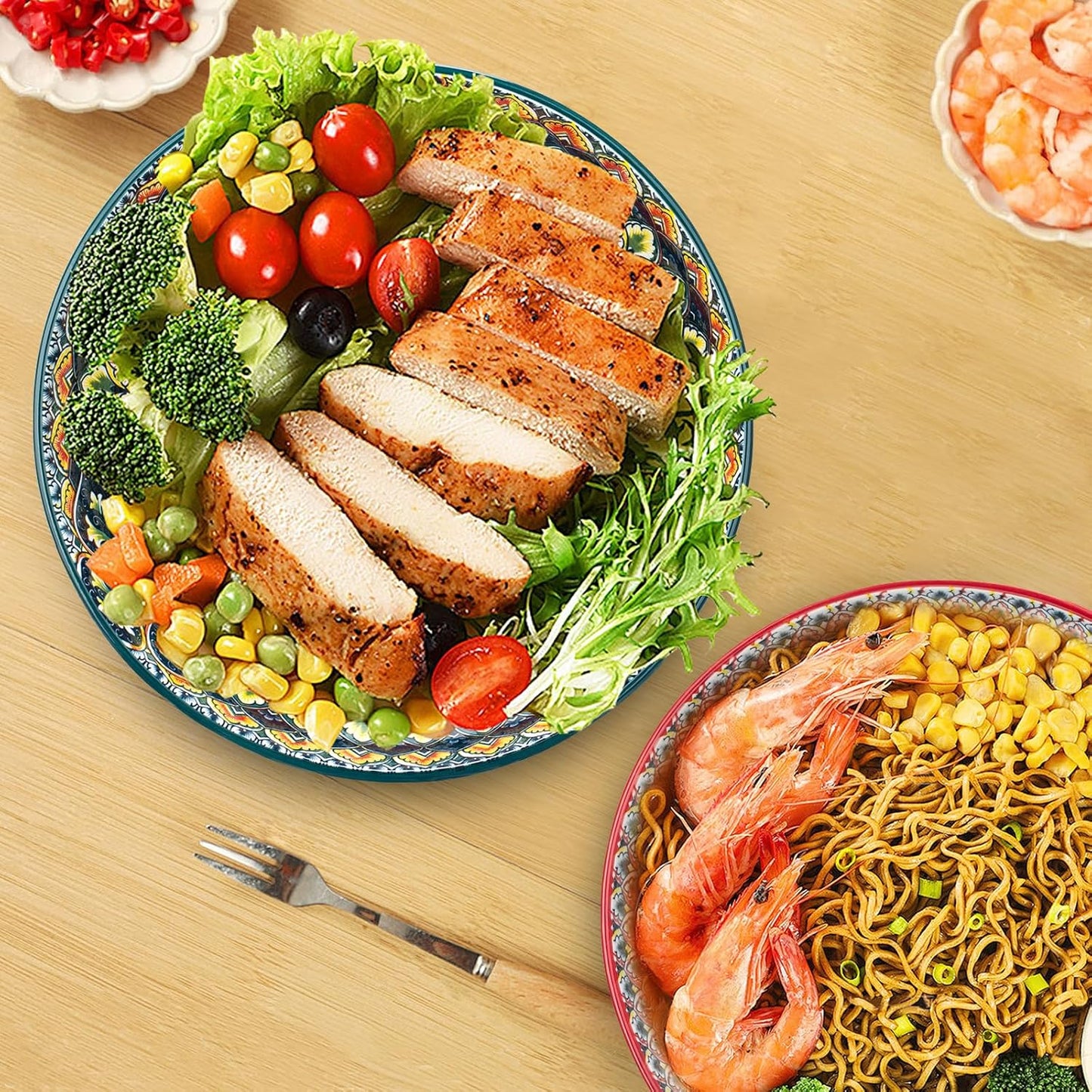 Large Serving Bowls, 75 Oz Fruit Salad Bowls Set of 2, Bohemian Style Large Porcelain Dishes for Entertaining Parties,Big Bowls for Salad, Pasta, Fruit, Chips, 10.3 Inch Diameter (green.red)