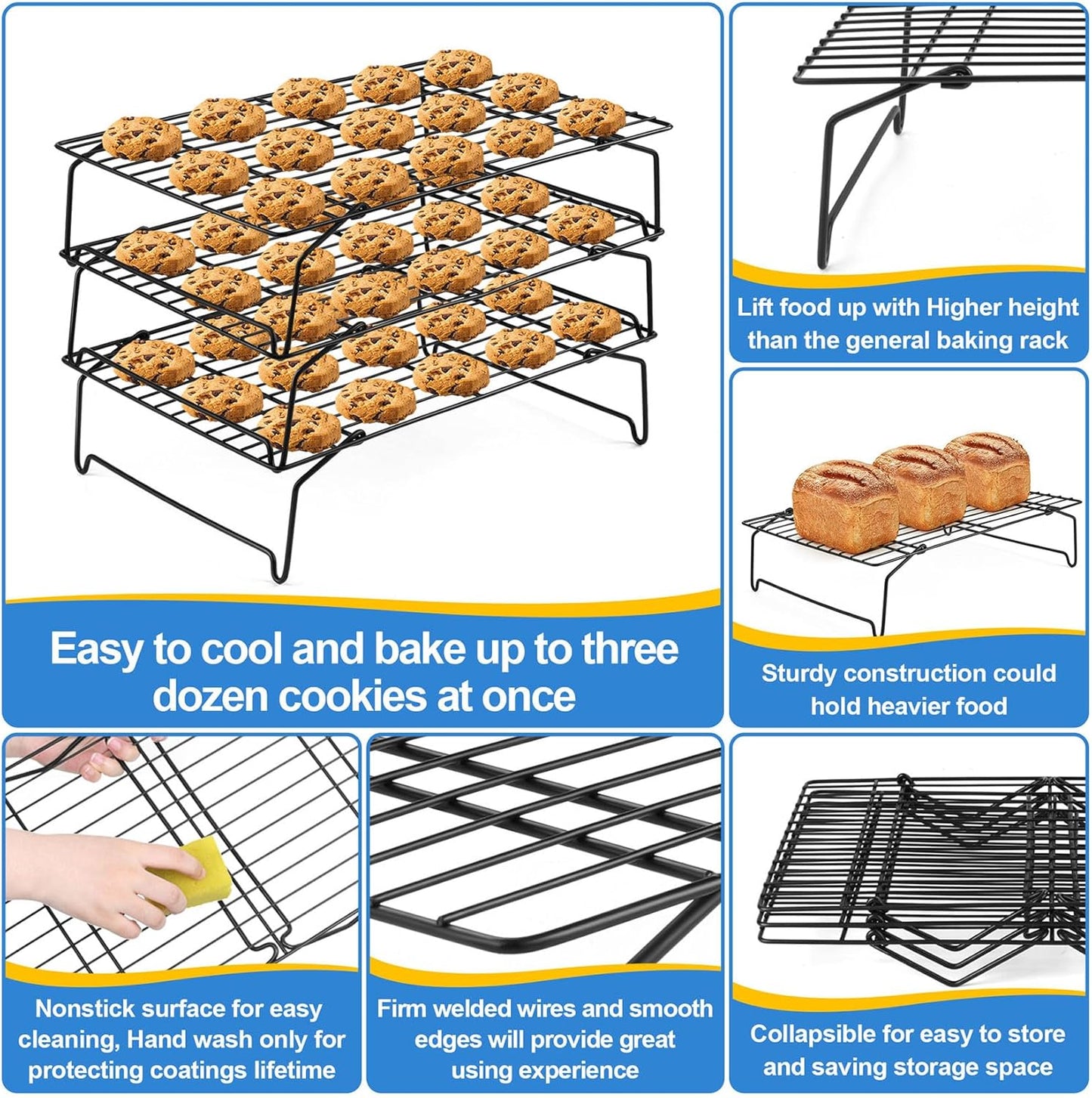 P&P CHEF 3-Tier Cooling Rack Set, Stackable Stainless Steel Baking Cooling Roasting Cooking Racks for Cake, Pastry, Bread, Meat, Bacon, Collapsible & Thick Wire, Oven Safe, 15" x10", Black