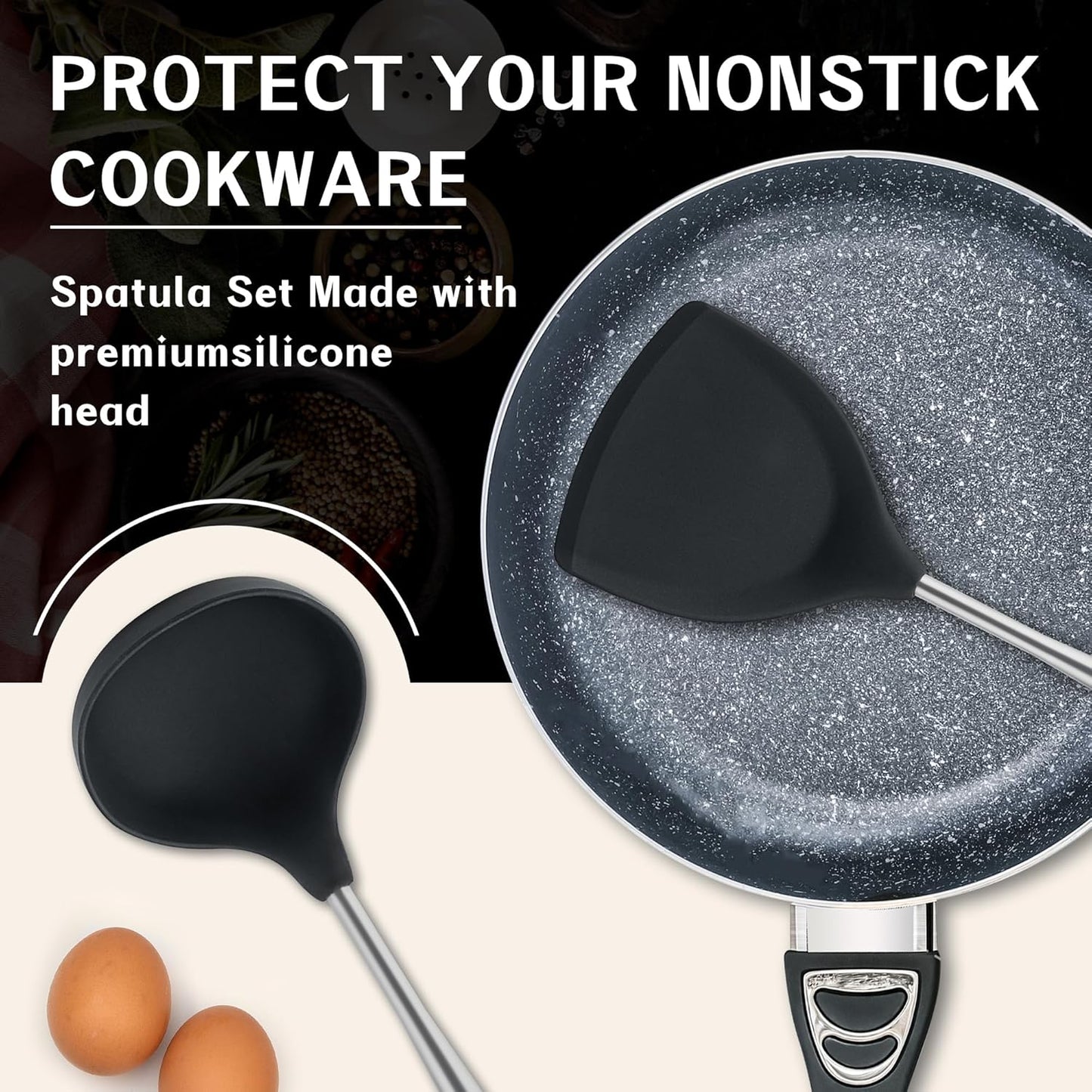 FJNATINH Silicone Wok Spatula,Turner,Ladle,Skimmer,Stainless Steel Wok Tools,Wok Utensil,Non Stick Heat-Resistant Cooking Utensils BPA Free Kitchen Utensils Cookware (Black Stainless Steel-4PCS)