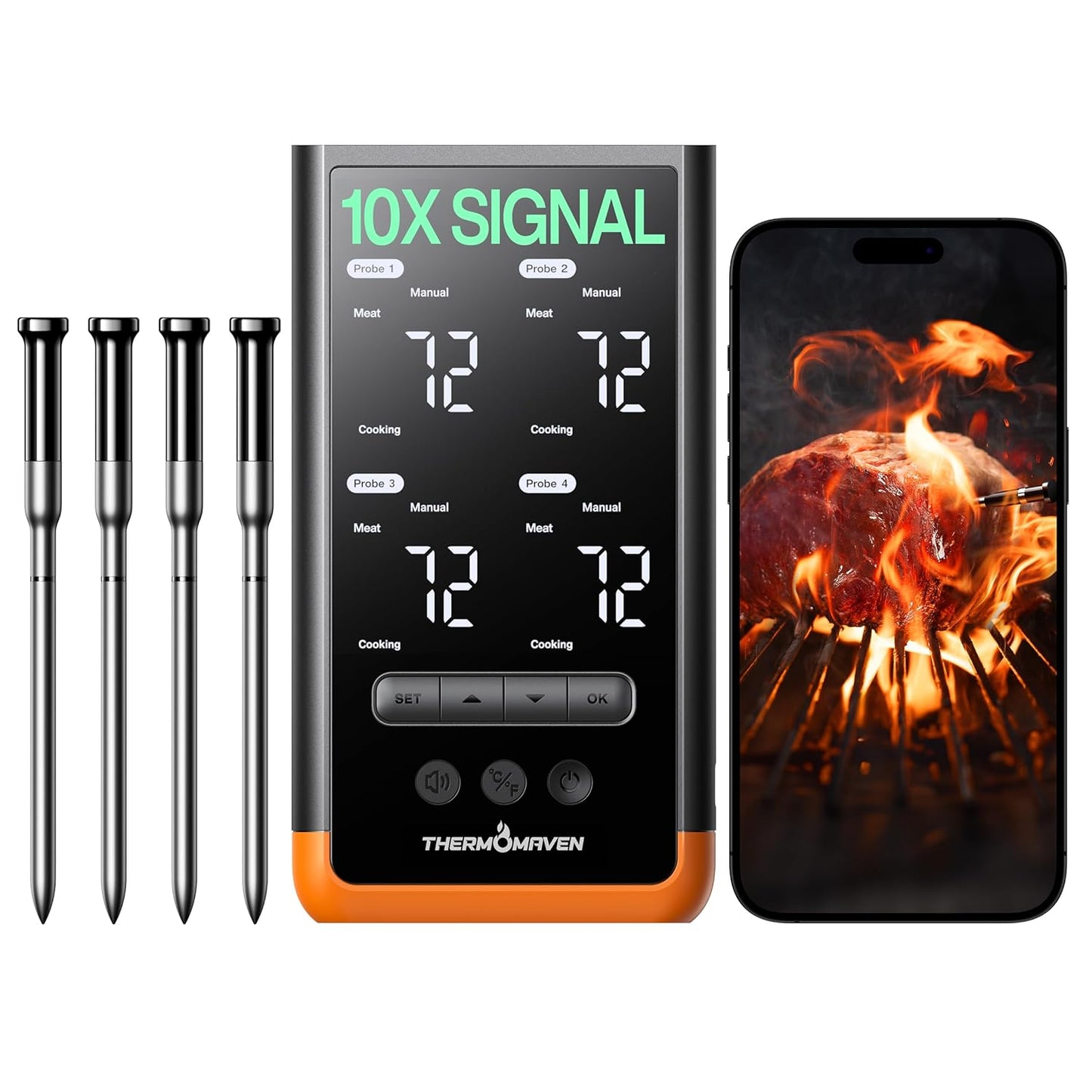 Wireless Bluetooth Smart Meat Thermometer: Standalone Base, WiFi Thermometer with Sub-1G, 6 Sensors NIST Certified Accuracy, 4 Probes, for Kitchen, BBQ, Grill, Oven, Smoker, Rotisserie