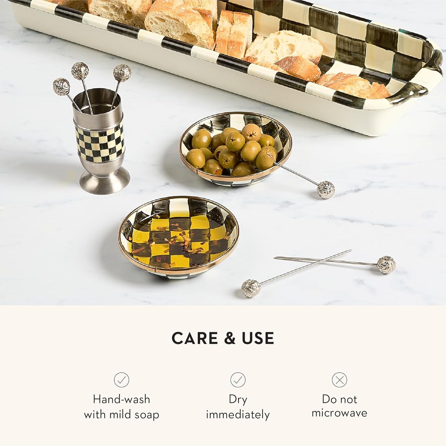 MACKENZIE-CHILDS Enamel Dipping Bowl, Small Serving Bowl for Entertaining, Black-and-White Courtly Check