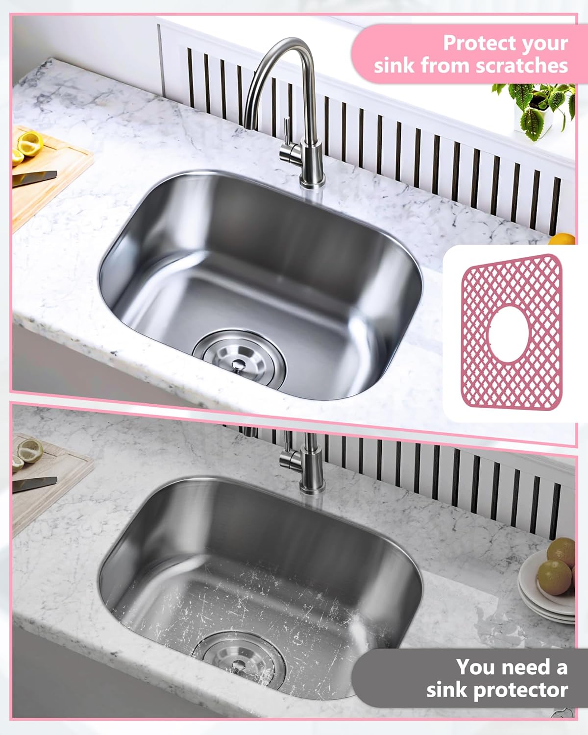 2 Pack Silicone Sink Protector for Kitchen Sink, Lozenge Pattern 13 x 11 inches Sink Grid Mat Silicone Protectors, Center Drain, Pink