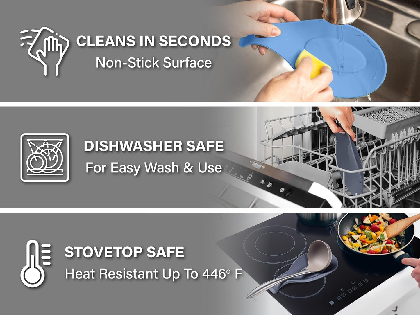 Silicone Spoon Rest for Stove Top, Set of 2 - HEAT RESISTANT, EASY TO CLEAN Kitchen Spoon Rest for Kitchen Counter, Holds XL Utensils, Safe on GLASS & INDUCTION Cooktops, DOESN’T BREAK if Dropped