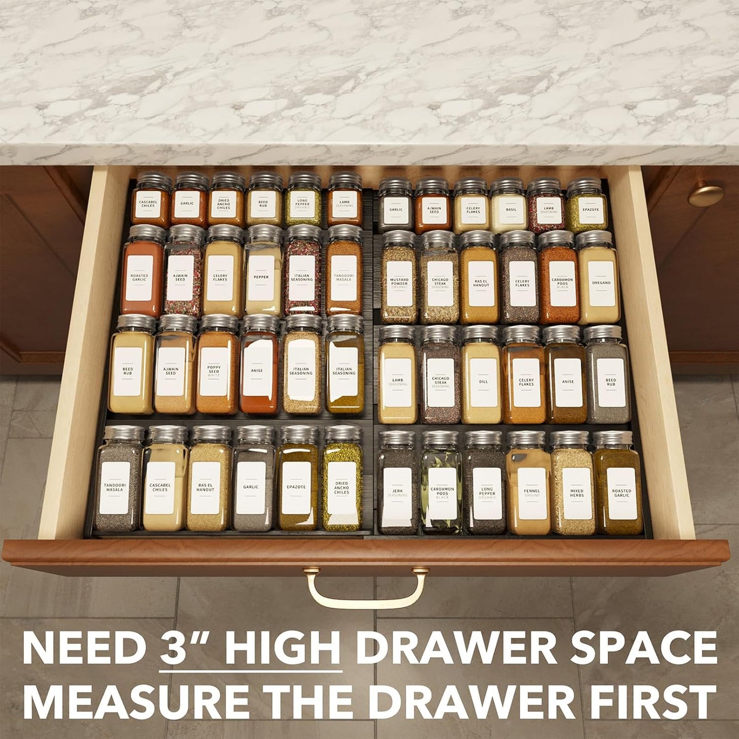 SpaceAid Bamboo Black Spice Drawer Organizer, (Need 3" Deep Drawer) Expandable 4 Tier Spices Rack for Cabinet, Kitchen Seasoning Storage Insert (Jars Not Included, From 12" to 23" Wide)