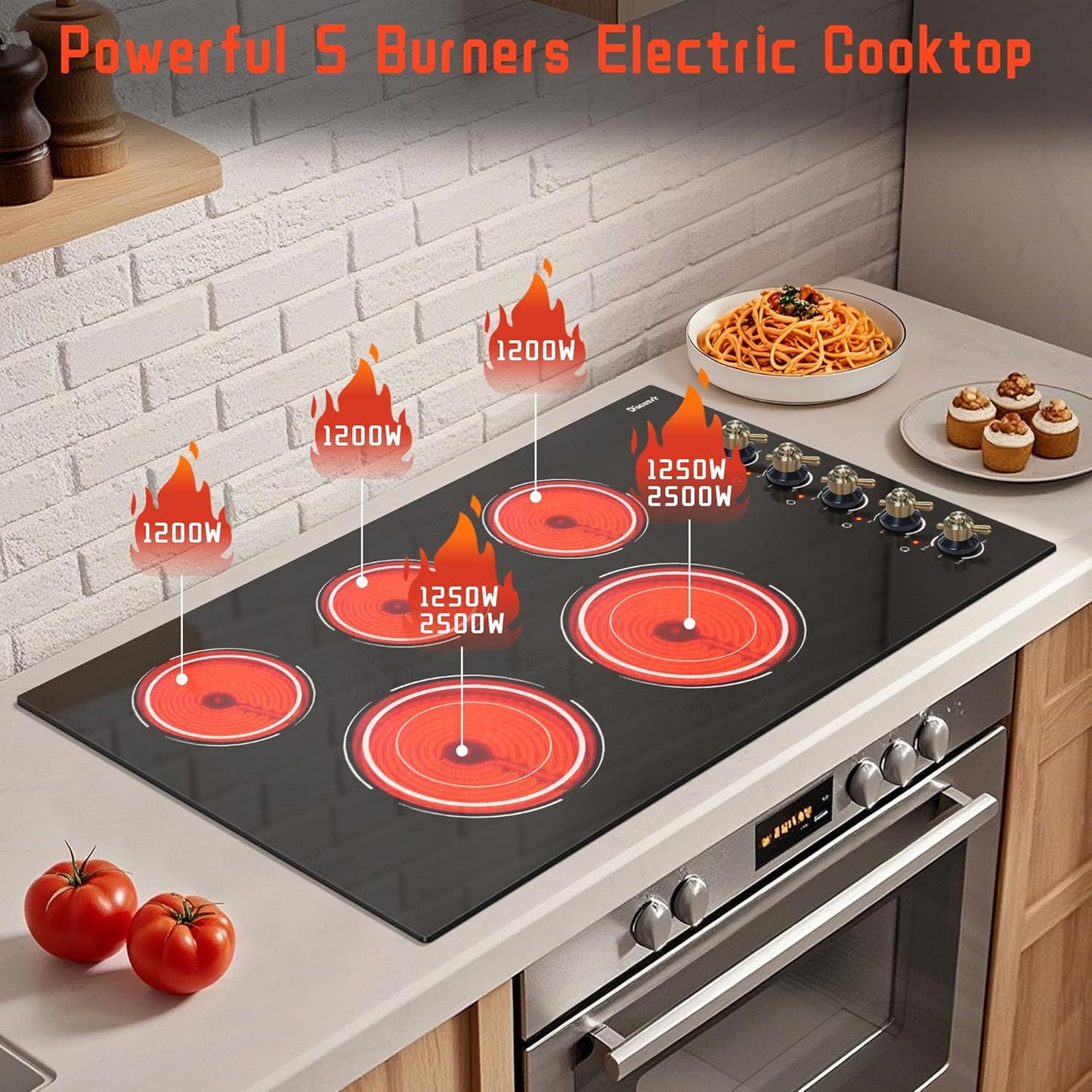 Electric Cooktop 36 Inch - 5 Burner Electric Stove Top with 8400W, 36 Inches Built-in Ceramic Stove with Two Dual Rings, Overheat Indicator, Knob Control, 220V - 240V Hard Wired (No Plug)