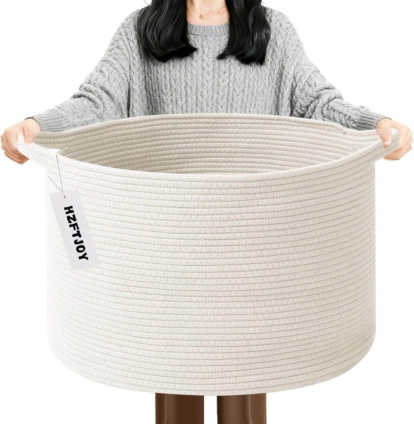 Large Blanket Basket for Organizing,115L Closet Organizers and Storage Bins Box for Shelves Woven Rope Storage Baskets,Living Room,Bedroom,Dorm,Laundry room (White)