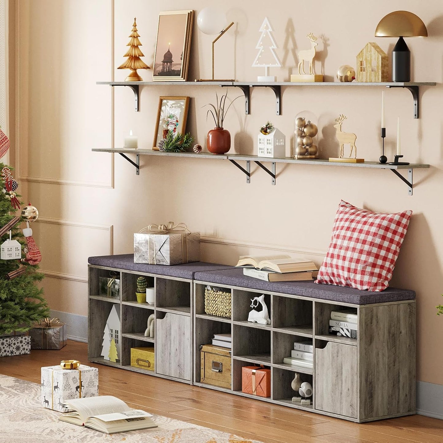 DINZI LVJ Long Wall Shelves, 55.1Inch Wall Mounted Shelves Set of 2, Extra Large Floating Storage Ledges with Sturdy Metal Brackets for Living Room, Bathroom, Bedroom, Kitchen, Gray Wash