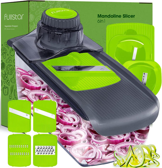 Fullstar Mandoline Slicer for Kitchen, Fruit Cutter, Cheese Grater, Cucumber Slicer, Veggie Spiralizer, Food Cutter & Kitchen Gadgets with Safety Glove (6 in 1, Gray/Green)