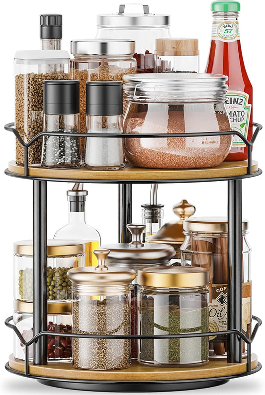 Lazy Susan Organizer 2 Tier - Turntable Spice Rack for Table Top, Wooden Rotating Lazy Susan for Cabinet Pantry Kitchen Countertop Dining Table Cupboard Bathroom Vanity Storage