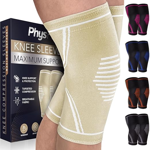 Knee Brace for Women & Men, 2-Pack Knee Compression Sleeves for Pain Relief and Workout – Ideal for Gym, Running, Arthritis, ACL, Meniscus Tear Recovery (Beige, Medium)