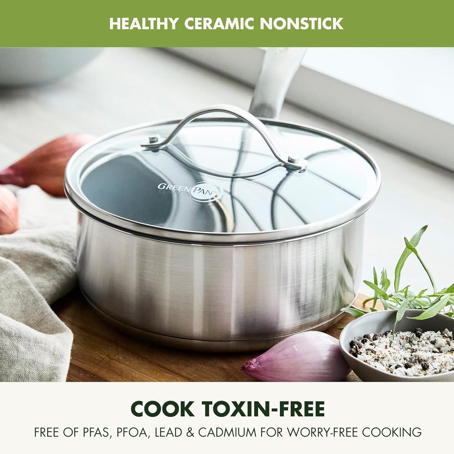 GreenPan Stainless Steel Treviso 2.1QT Saucepan with Lid, Healthy Ceramic Nonstick, PFOA-Free PFAS-Free, Induction, Dishwasher Safe, Oven Safe, Even Heating, Silver