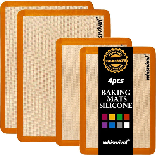 4 Pack Silicone Baking Mat, Non-Stick Silicone Baking Sheet, Food Safe, 480℉ Heat Resistant, 2 Half & 2 Quarter (Orange)