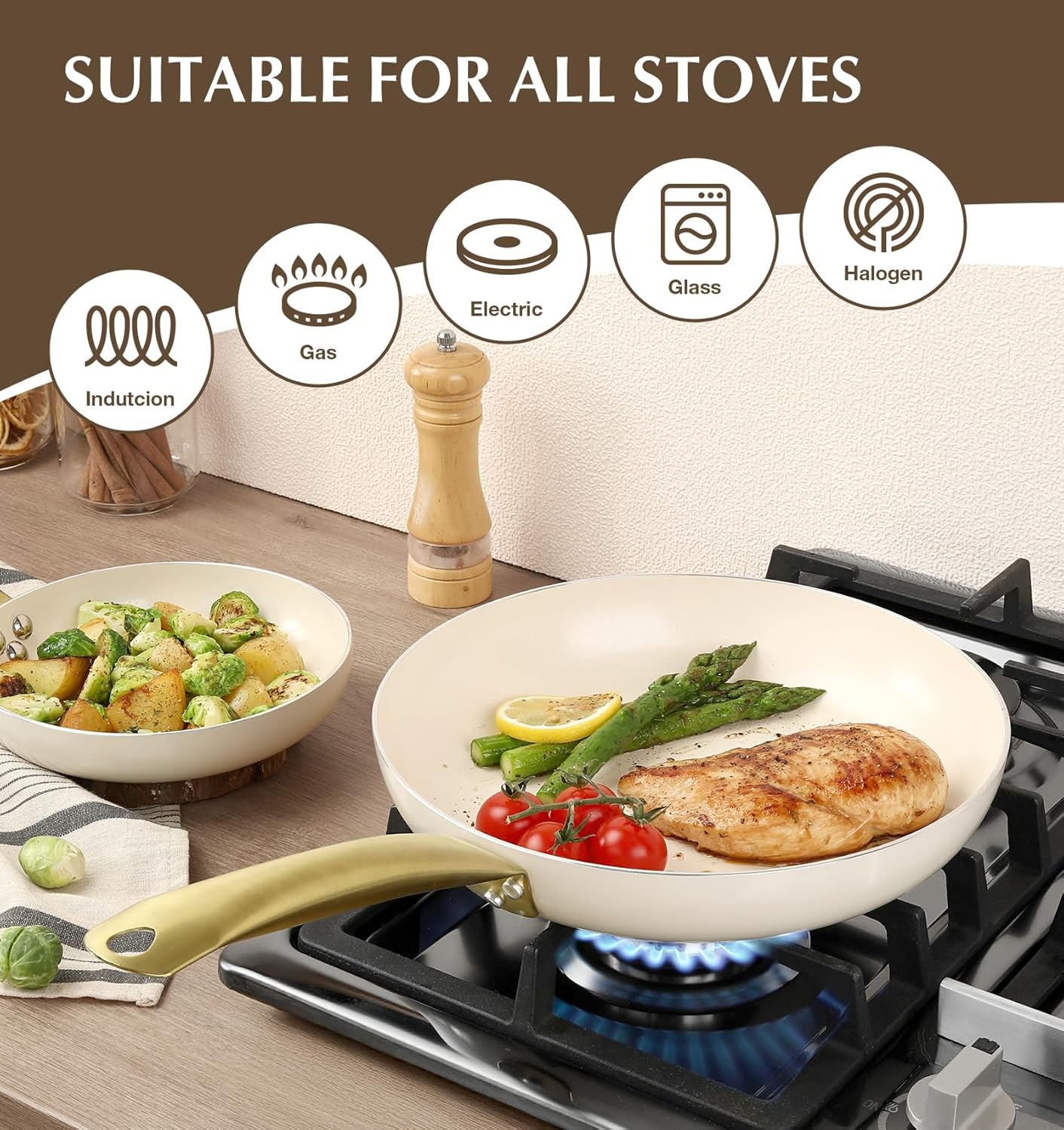 KOCH SYSTEME CS Nonstick Frying Pan with Lid, 10 Inch Non-Stick Skillet with Gold Stainless Steel Handle, Omelet Pan with Nonstick Ceramic Coating, PFOA Free, Induction & Oven Safe, Cream White