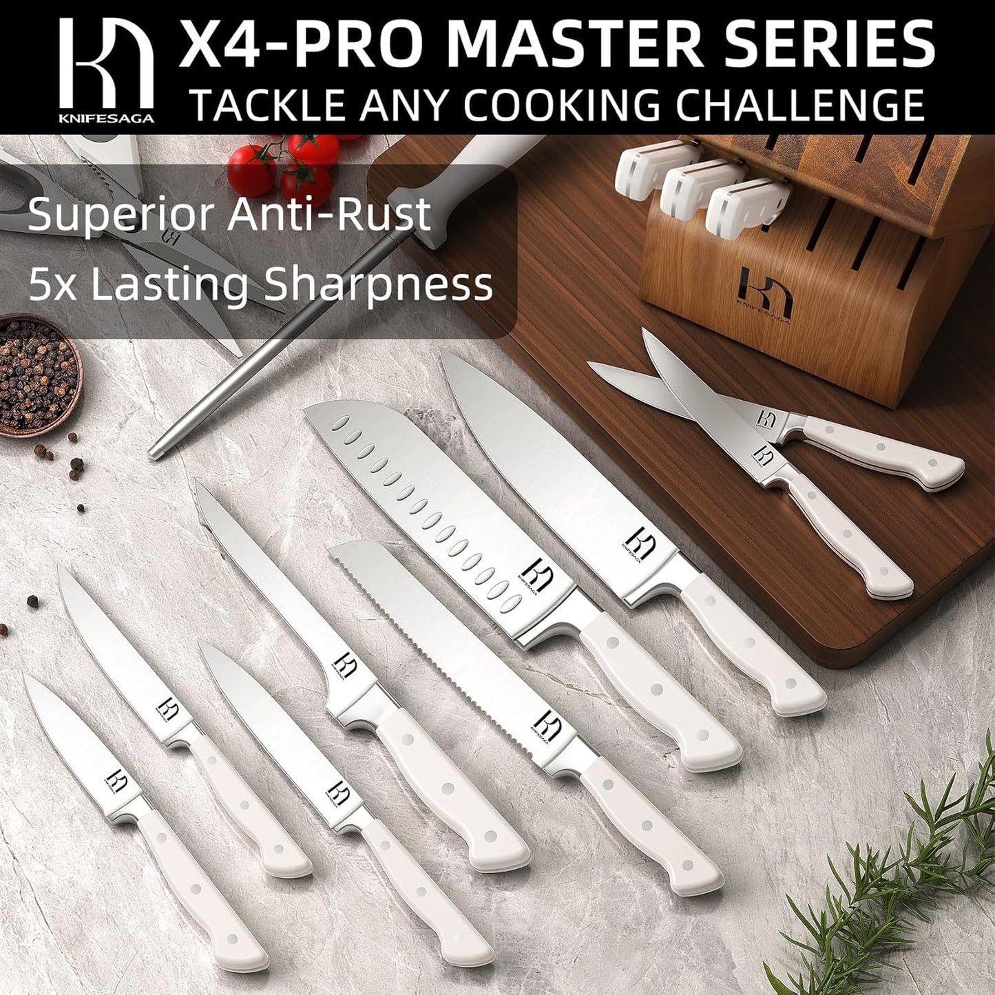 Knife Set, 15 Pcs Kitchen Knife Block Set, Enduring Razor-Sharp Japanese High Carbon Stainless Steel Chef Knife Set with Block and Sharpener, Premium Knives Set for Kitchen, White Acacia