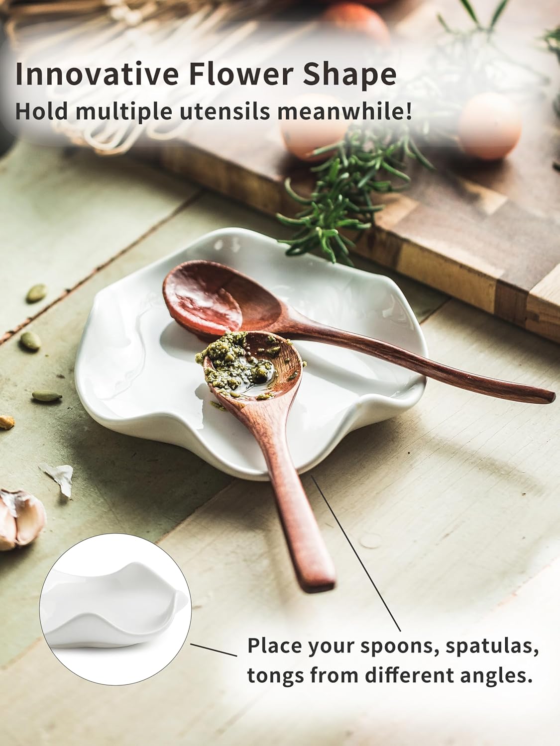 Spoon Rest for Stove Top, 5.2" Ceramic Spoon Holder for Kitchen Countertop, Coffee Spoon Rest, Large Cooking Spatula Holder for Spoons, Ladles or Tongs, Housewarming, Christmas Gifts, White