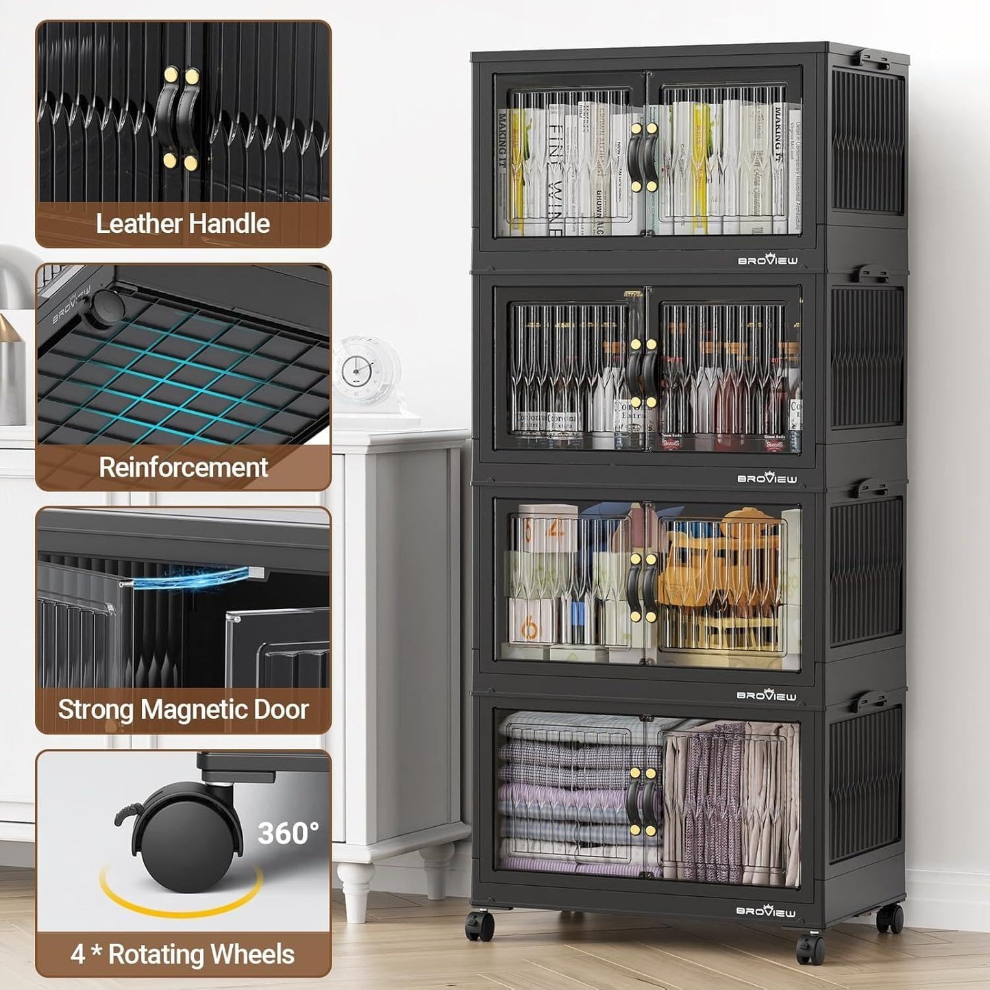 320Qt Stackable Storage Bins with Lid, Extra Large Closet Organizer Collapsible Drawer Boxes with Wheels, Folding Plastic Cabinet Containers for Home Kitchen Room Organization, 4Pack Black