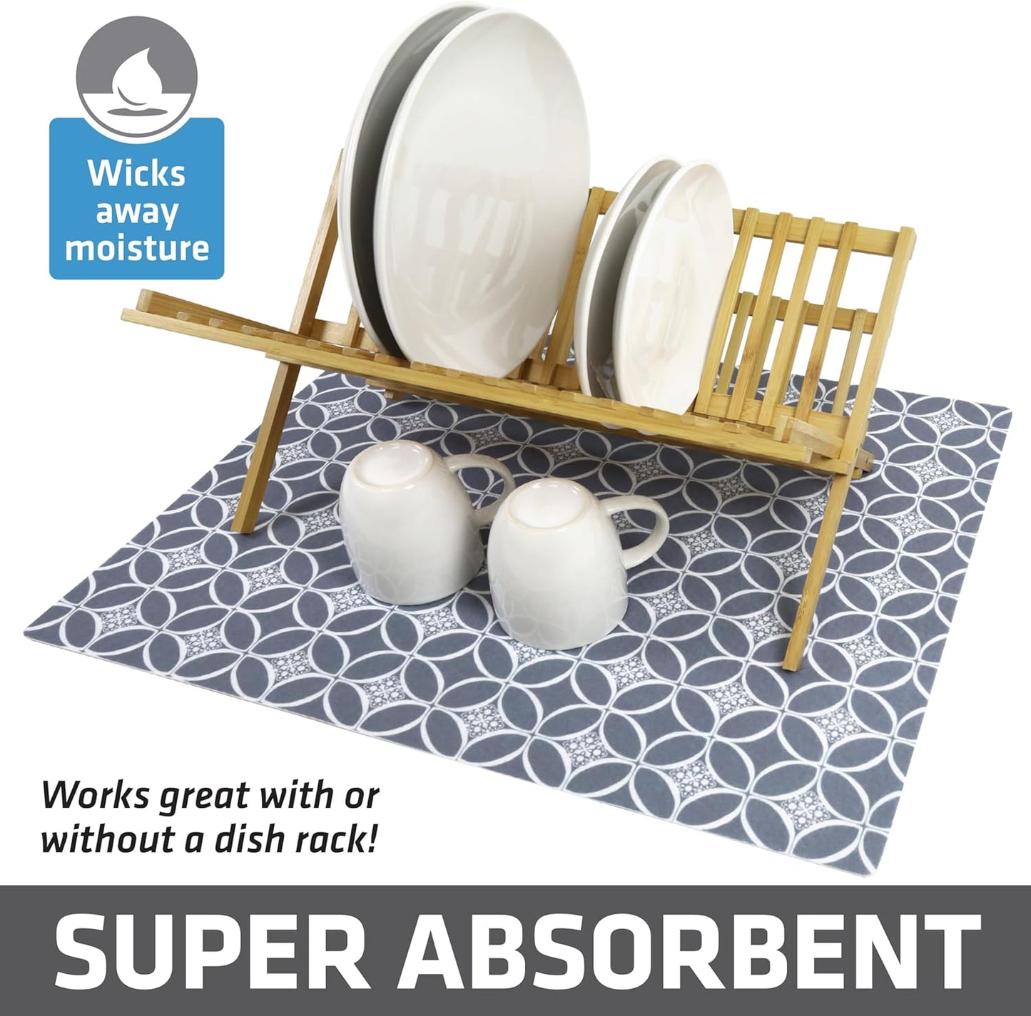 Drymate XL Dish Drying Mat, Oversized (19”x24”), Low-Profile, Super Absorbent, Quick Dry Fabric, Waterproof & Slip-Resistant, for Kitchen Counter, Trimmable, Easy to Clean (USA Made)(Indigo Grey)