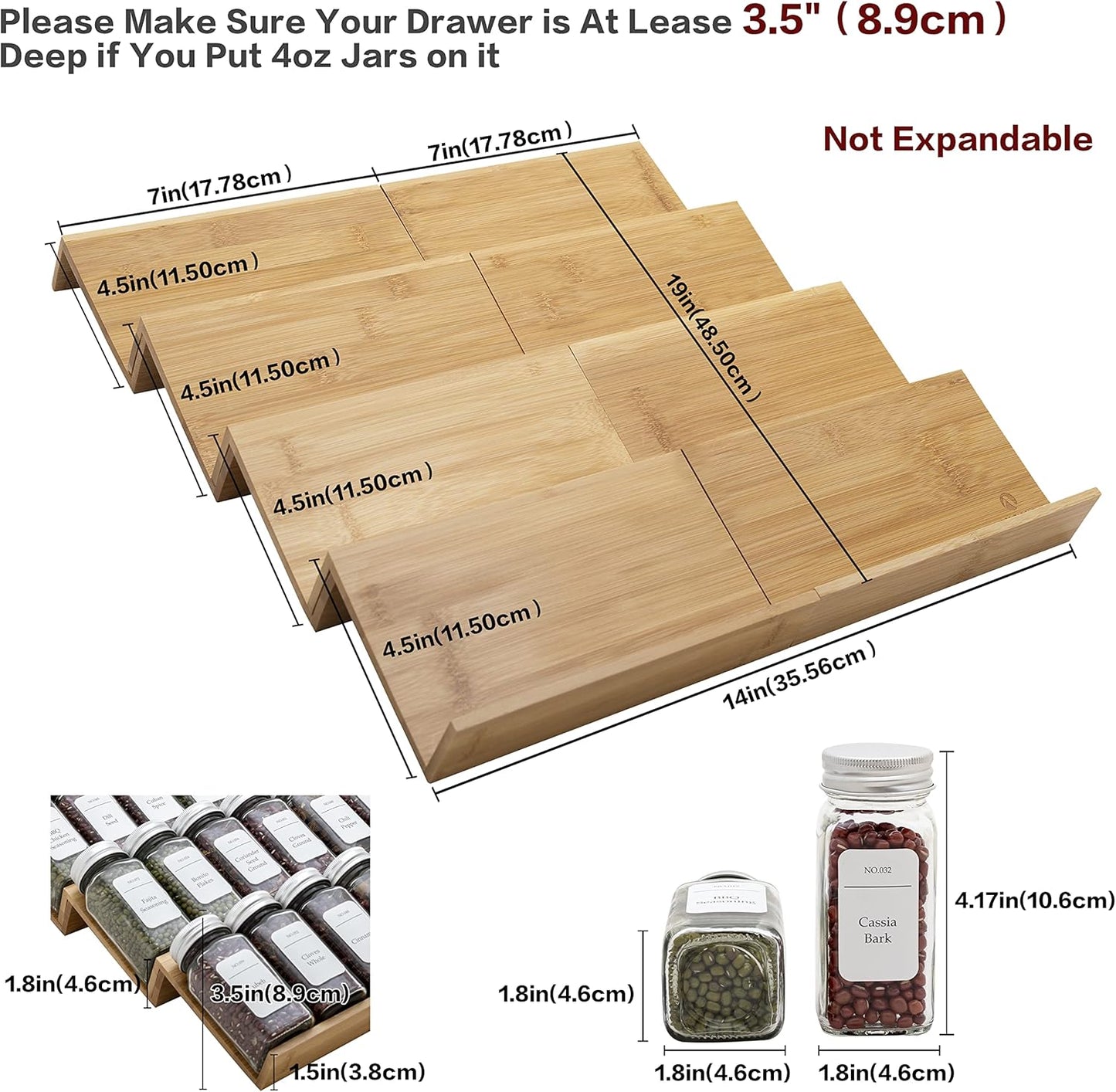 Bamboo Spice Rack Drawer Organizer - 8 Pieces Set- 7" Wide Per Piece - Combine Pieces Into 14" Wide Rack (7" or 14")