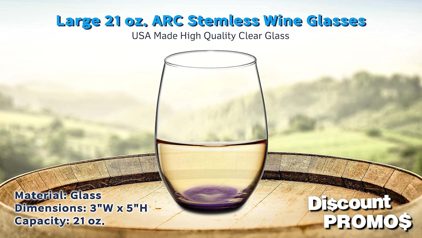 DISCOUNT PROMOS 10 ARC Stemless Wine Glasses Set, 21 oz. - Chardonnay, Cabernet, Merlot, Sauvignon - Purple