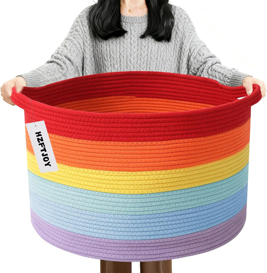 Large Blanket Basket for Organizing,65L Closet Organizers and Storage Bins Box for Shelves Woven Rope Storage Baskets,Living Room,Bedroom,Dorm,Laundry room (Rainbow)