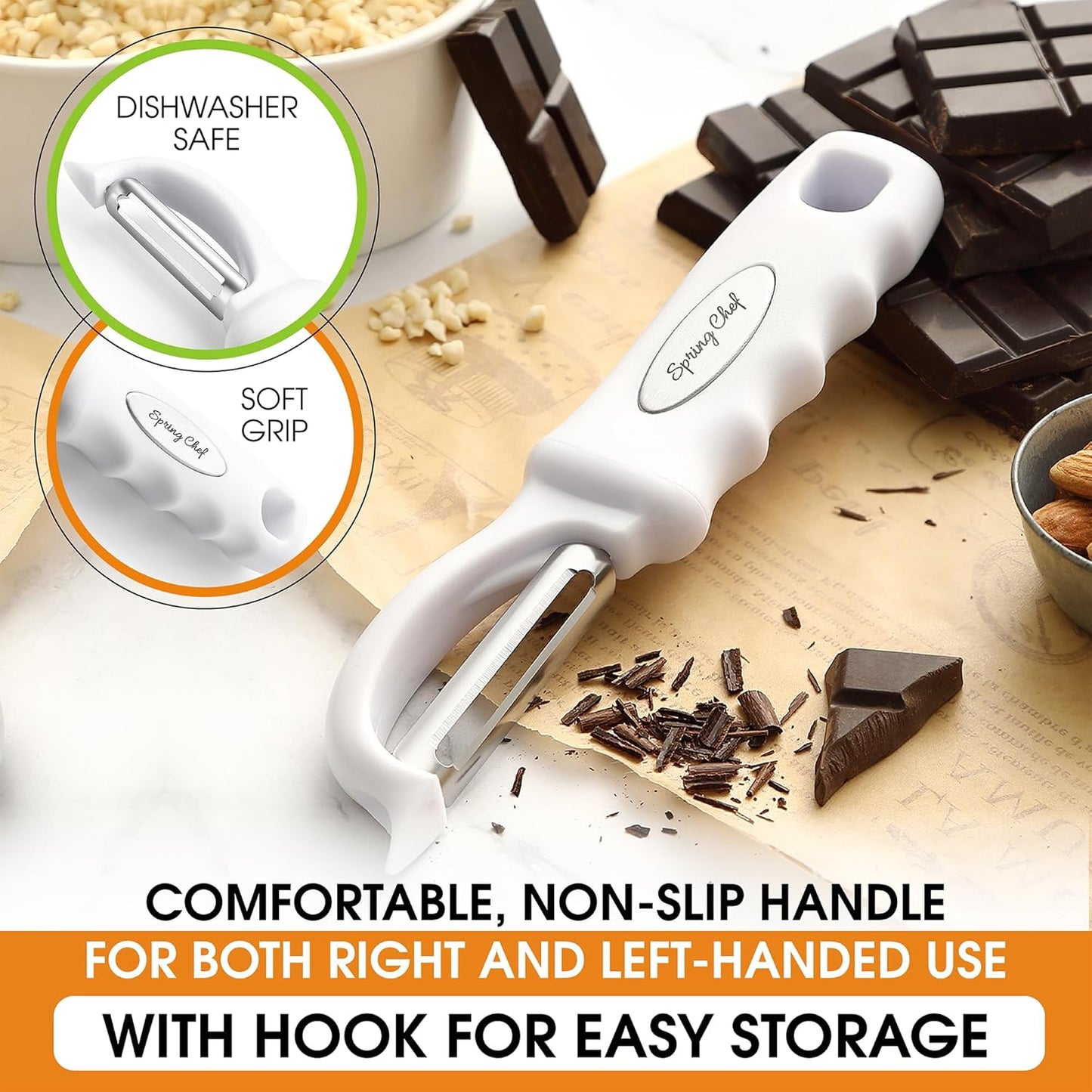 Spring Chef Premium Swivel Vegetable Peeler, Comfrotable Handle and Ultra Sharp Stainless Steel Blades - Perfect Kitchen Peeler For Veggie, Fruit, Potato, Carrot, Apple - White