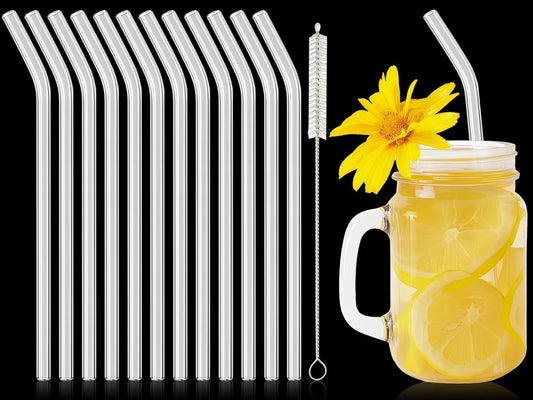 12 Pcs Reusable Glass Straws 8"x 8 mm Bent Glass Drinking Straws with Cleaning Brush for Tea, Smoothies, Milkshakes, Juices,Beverages(Clear)